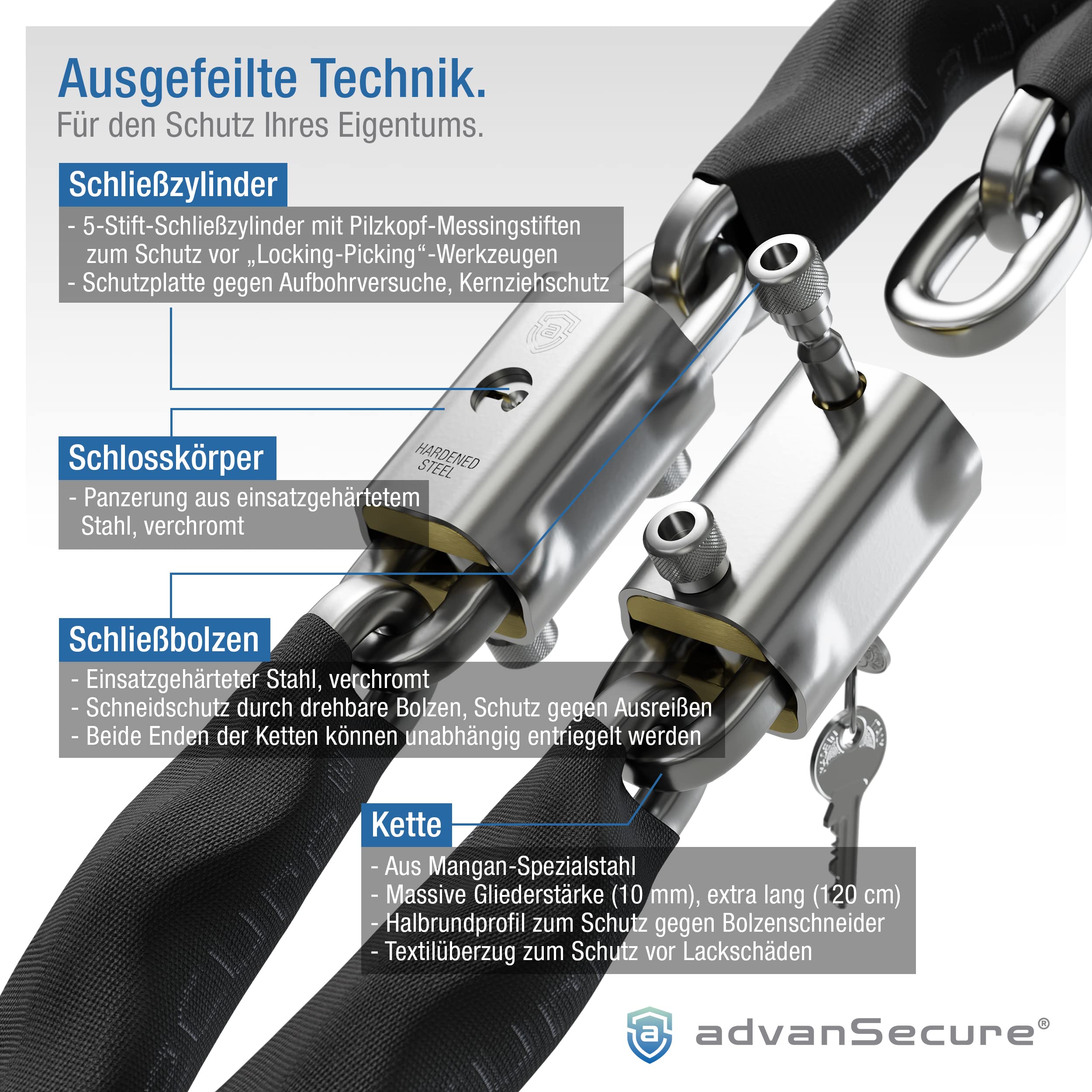 advanSecure® Hochsicherheits-Kettenschloss mit Satteltasche | optimal für E-Bike | max. Sicherheitsstufe | 120 cm Länge, 10 mm Kettenglieder | gehärteter Spezialstahl