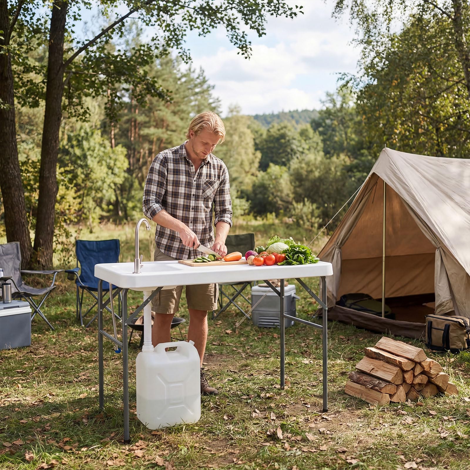 COSTWAY Fischreinigungstisch klappbar, Filetiertisch mit Spüle, Wasserhahn & Messskala, Campingtisch für Garten, Terrasse & zum Angeln, 104 x 59 x 76 cm, Weiß