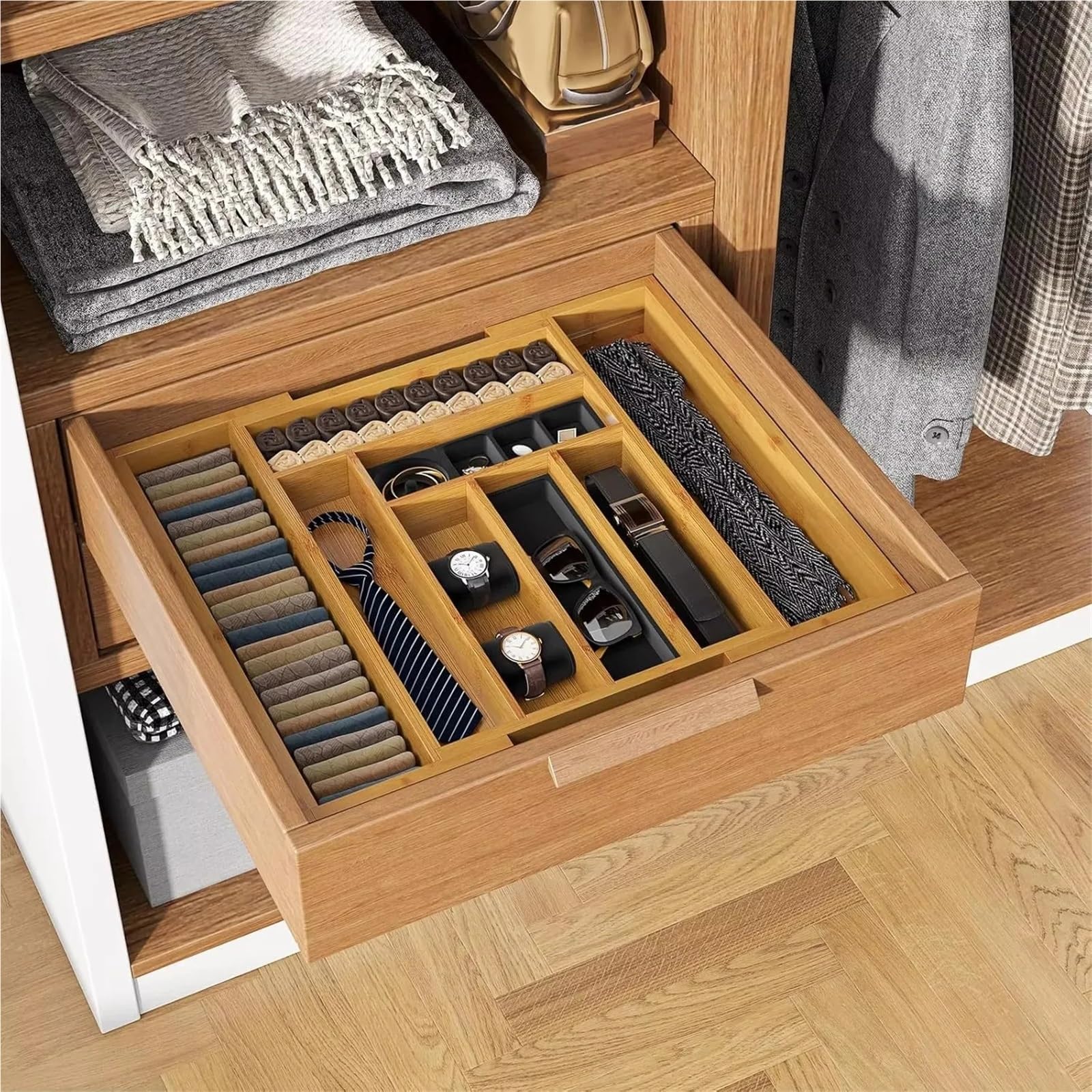 Cubertero Cajon Organizador de cubiertos bambú, bandeja extensible for, organizador utensilios cocina for cucharas, tenedores y cuchillos, multiusos
