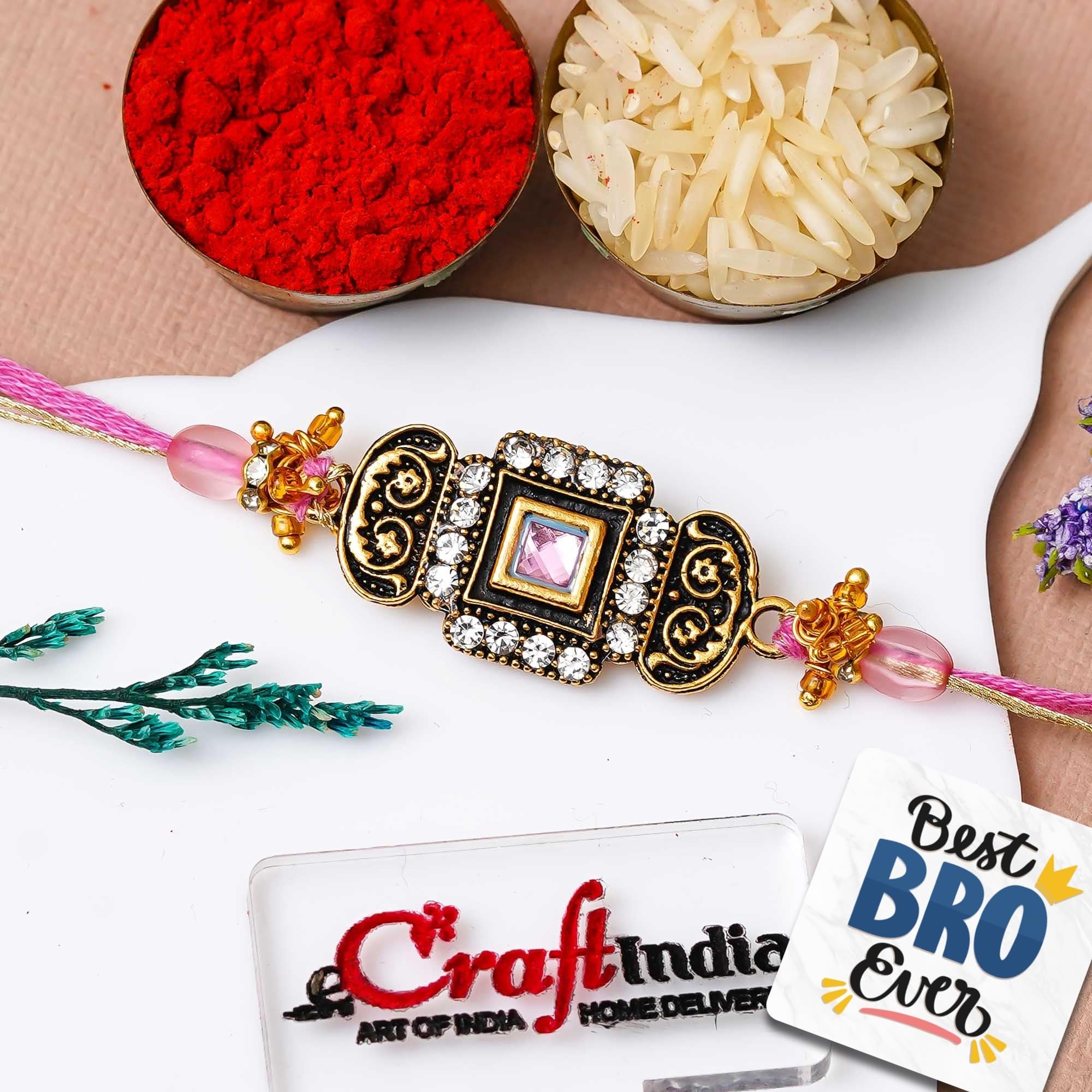 eCraftIndia Golden Pink Designer Fancy Rakhi for Brother With Gift Combo Set | Single Raksha Bandhan Rakhi for Bhai Bhaiya | Best Bro Ever Fridge Magnet | Roli Chawal Pack-image-19