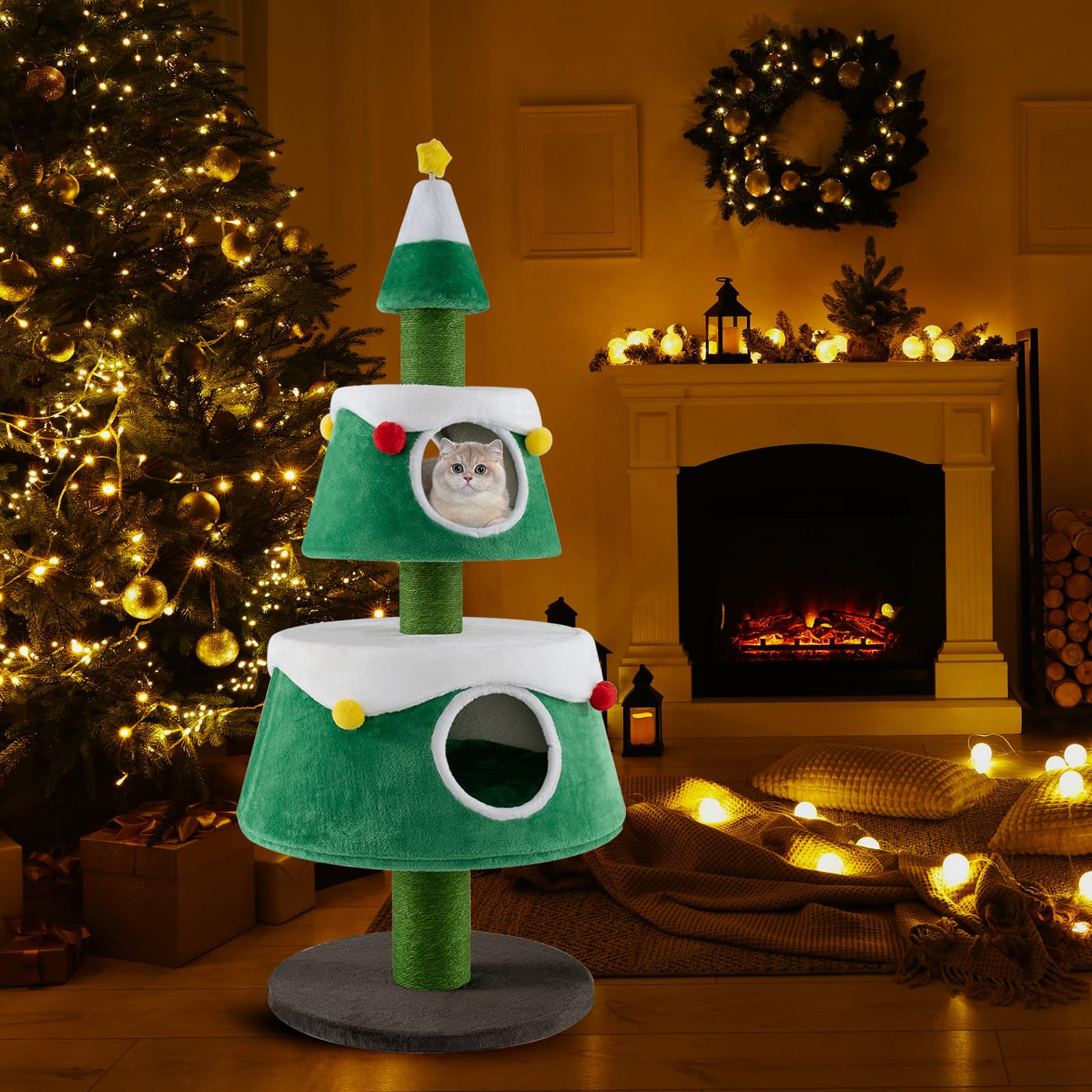 SOARS Árbol Rascador de Navidad para Gatos 153 cm, Grande Con Cama, Cojín Extraíble, Poste Rascador, Bolas de Pelo y Juguete Estrella