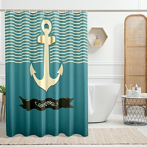 Miniatura 1 de GDHBLING Shower Curtain Anchor Nautical Pirate Ocean Themed Coastal Bathroom Cloth Fabric Water Resistant Weighted Decorative Shower Curtain Set