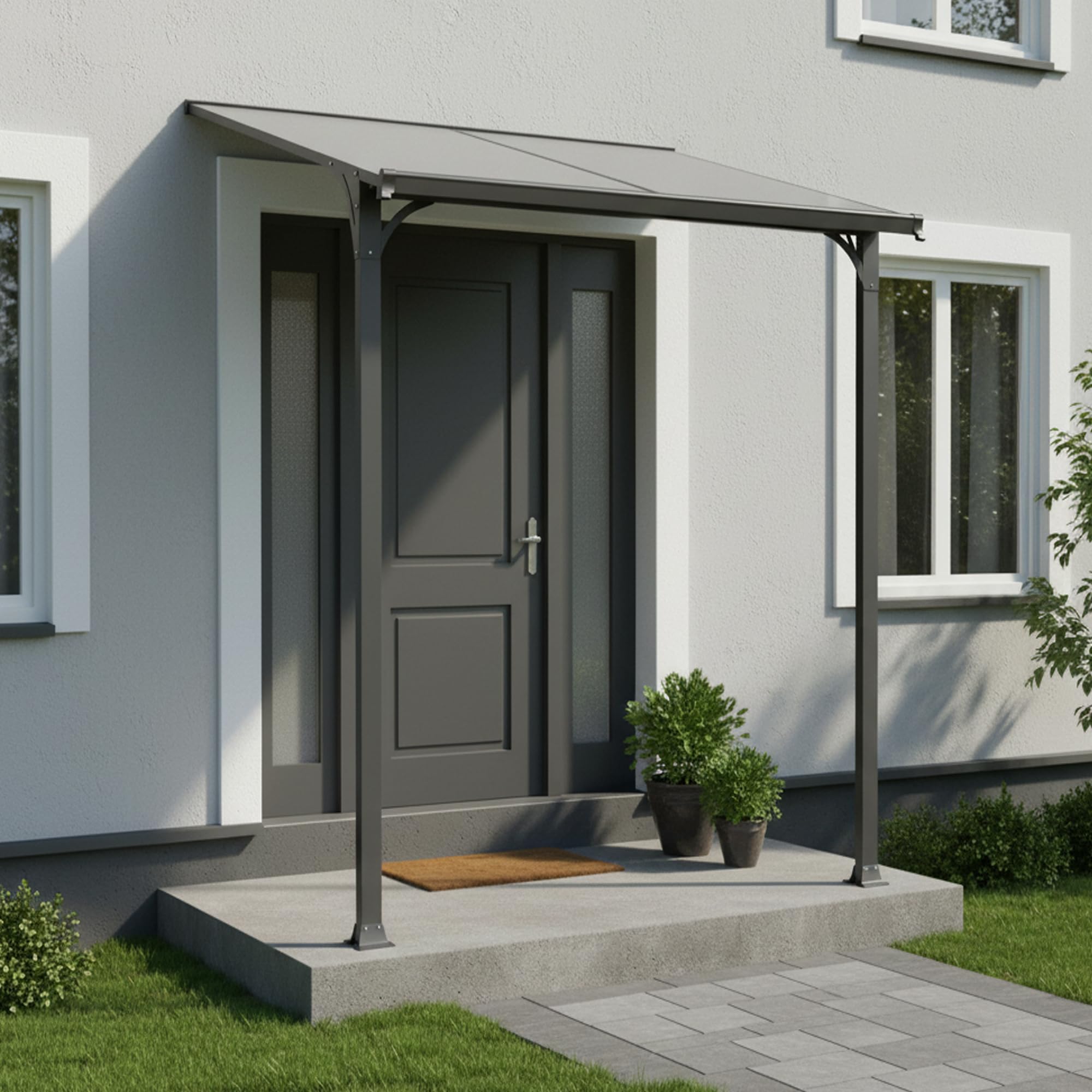 Haustürvordach Aluminium pulverbeschichtet transparentes Dach | Vordach Polycarbonat Überdachung Wasserführung 238 x 150 x 148/150 x 250/261 cm (H x B x T x H-hinten) anthrazit