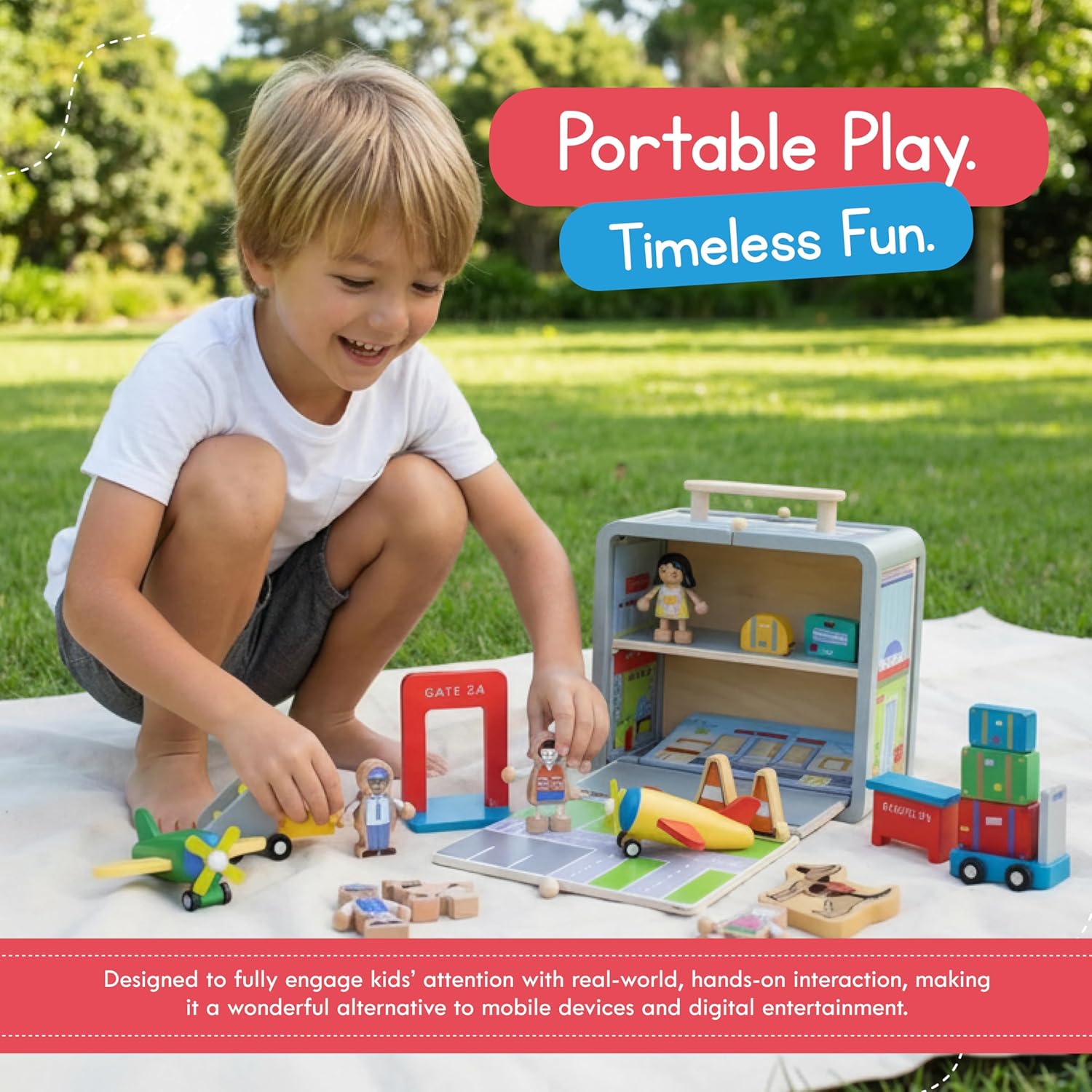 Jack Rabbit Creations- Airport Suitcase Playset- 19 Piece Portable Wooden Toy Set for Ages 3+- FSC-Certified, Non-Toxic Paints and Travel Friendly Design