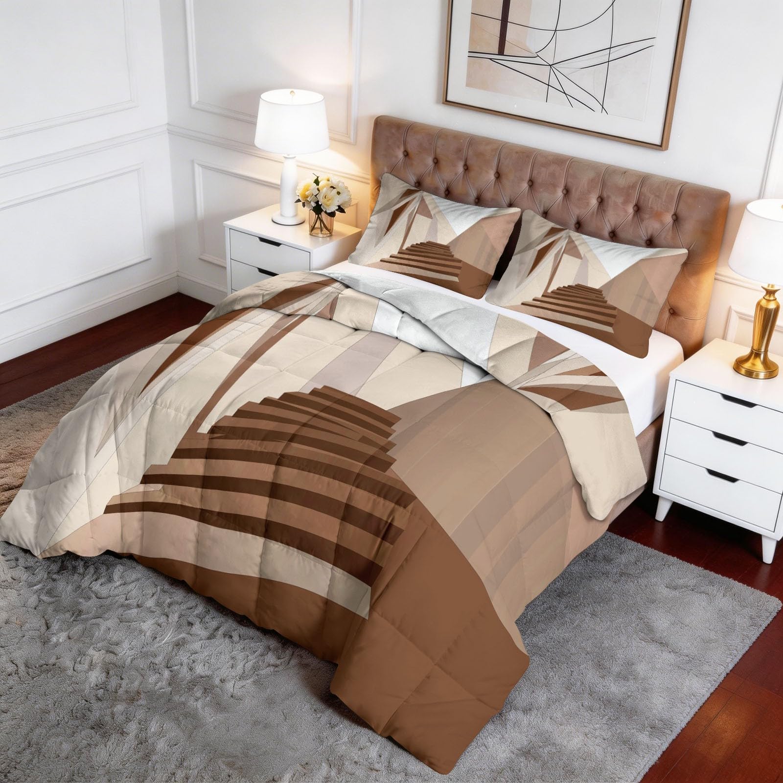 Piumone Invernale Matrimoniale 220 x 240 cm Surrealismo Architettura Scala Trapunta in Ecopiuma 400 gr/mq, Caldo ed Elegante – Biancheria da Letto Anallergica e Traspirante – Set 3 Pezzi, Beige
