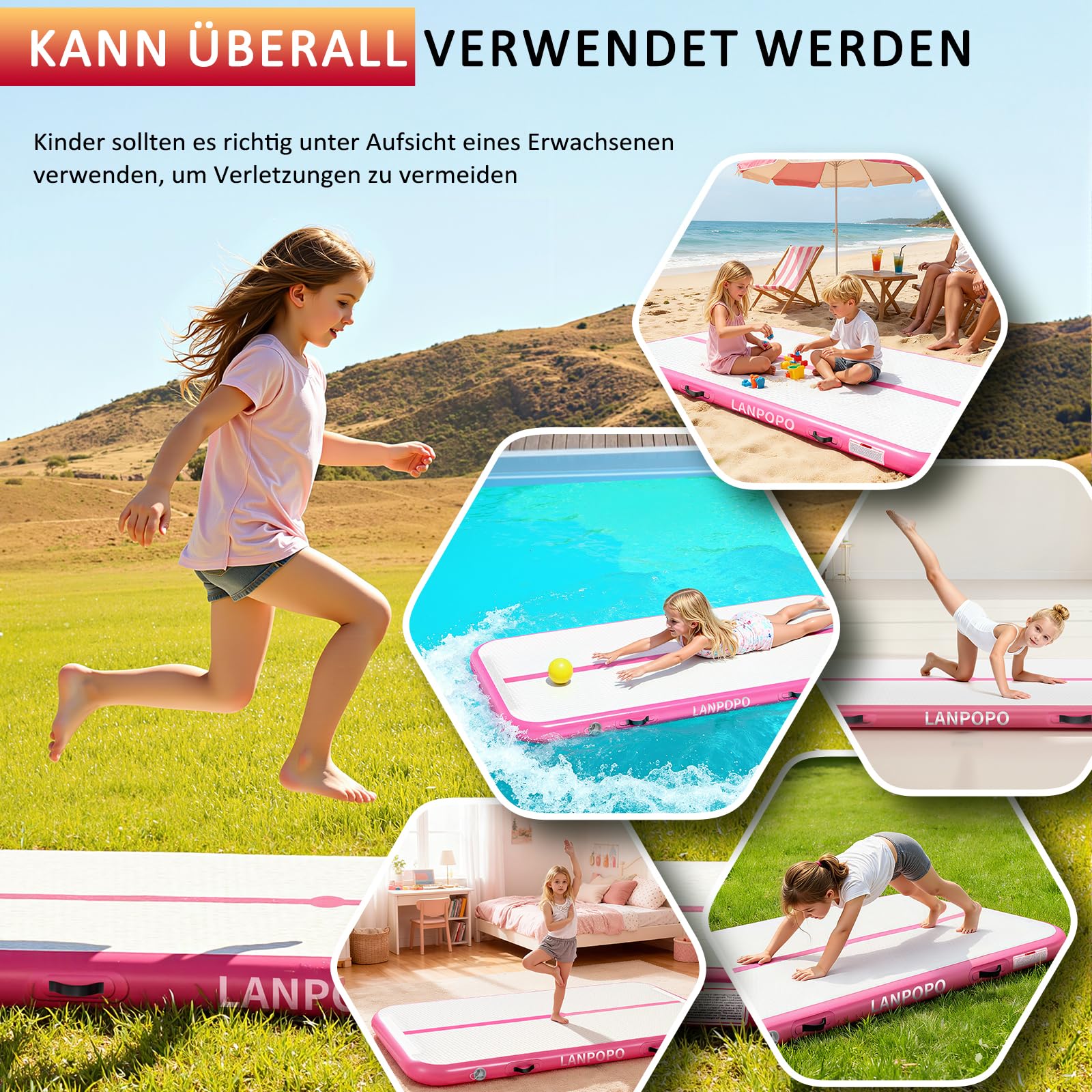 Airtrack Gymnastikmatte – Aufblasbare Turnmatte 2M/3M/4M/5M in Pink, Luftdicht, Weich Aber Stabil, Einfach Aufzubauen & zu Verstauen – Für Kinder, Zuhause, Yoga, Cheerleading & Wasserspaß
