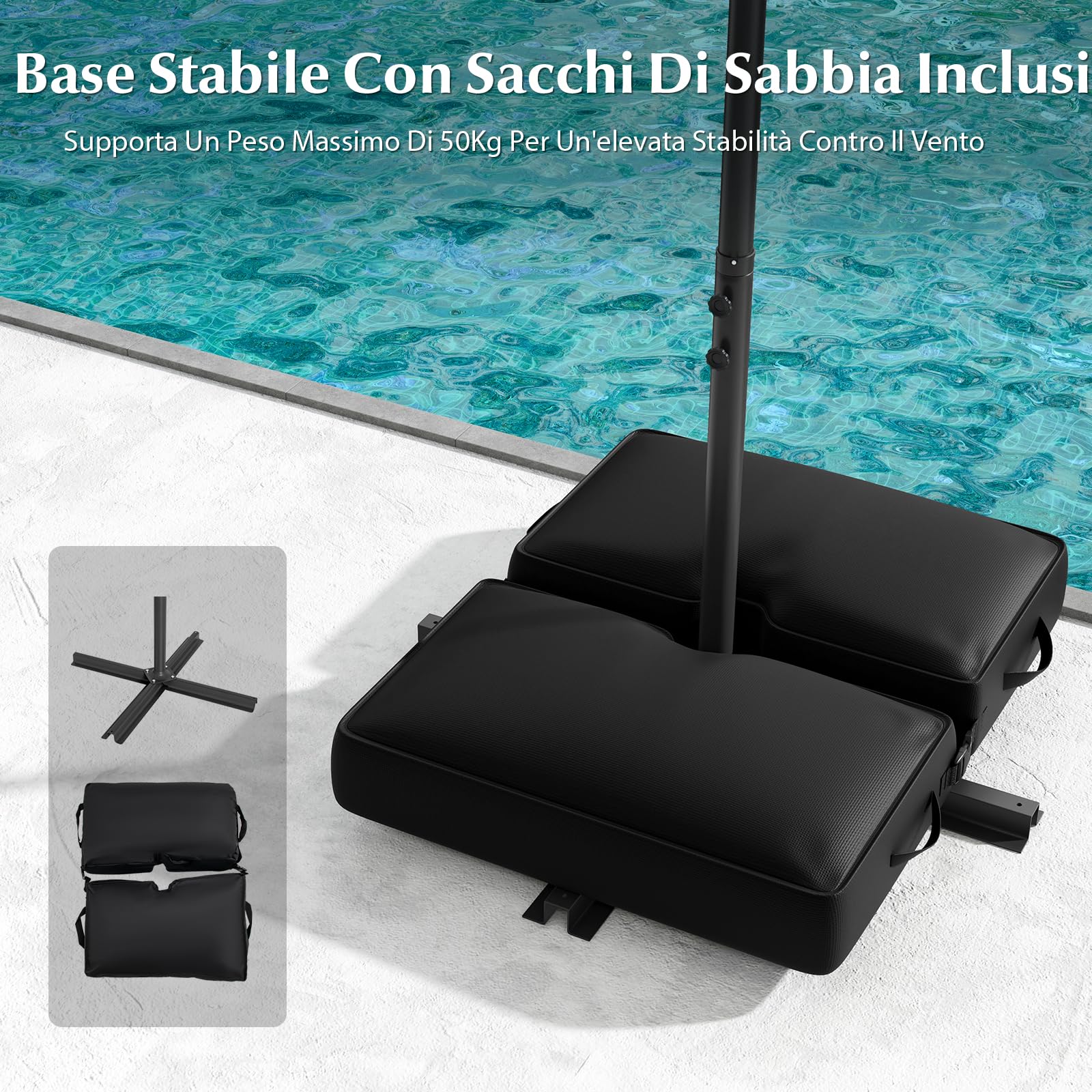 GYMAX Ombrellone da Giardino 3x3 M con 40 Luci LED Solari, Ombrellone da Esterno con 2 Sacco di Sabbia, con Altezza Regolabile, con Manovella, Giardino Patio Terrazzo Caffetteria Ristorante
