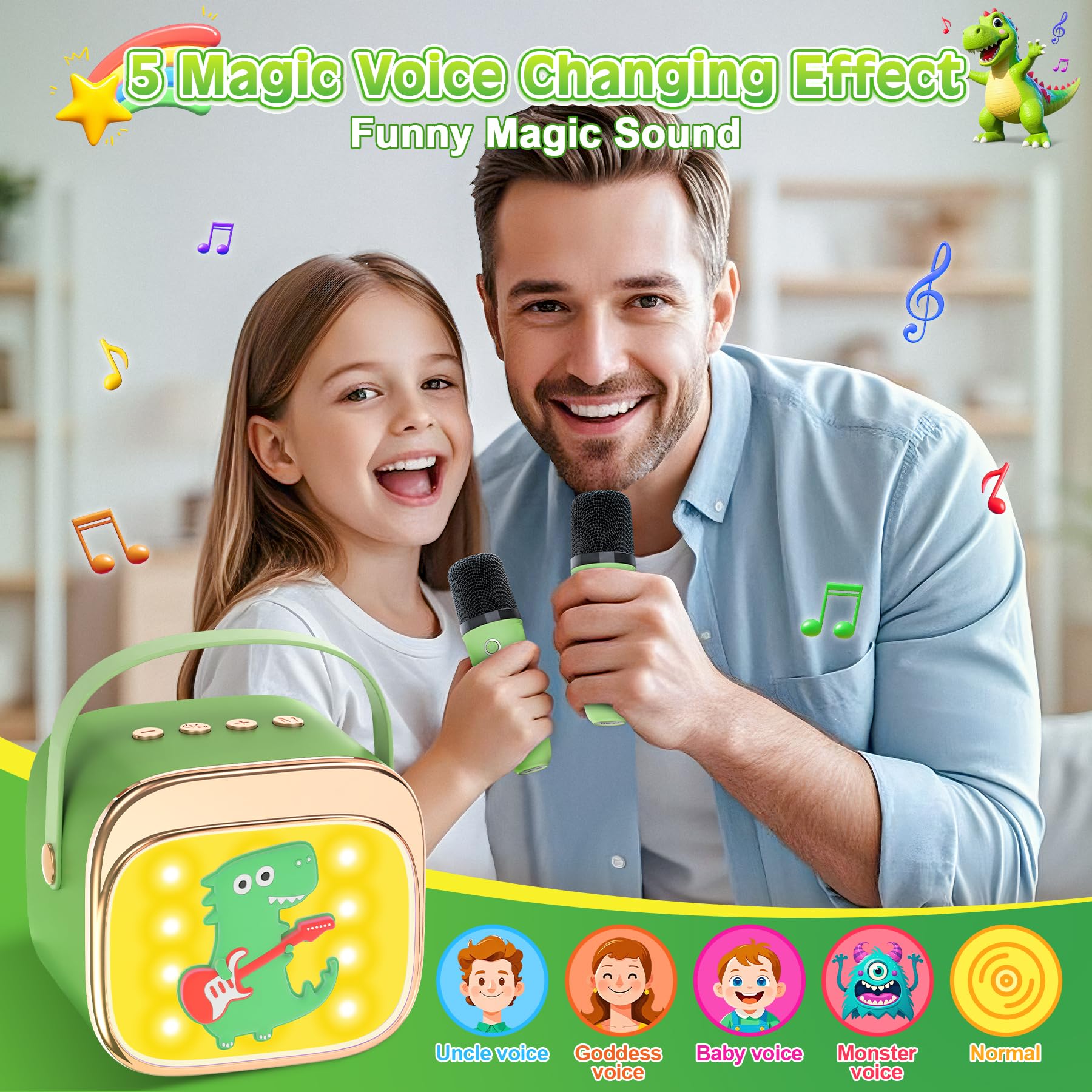 LUVTOY Karaoke con 2 Microfono Bambini: [Personalizzazione Esclusiva] - Karaoke con Luce LED - Pasqua Regalo per Bambino 3-12 Anni - Giocattolo Bambini 3-12 Anni - Giocattoli di Dinosauri