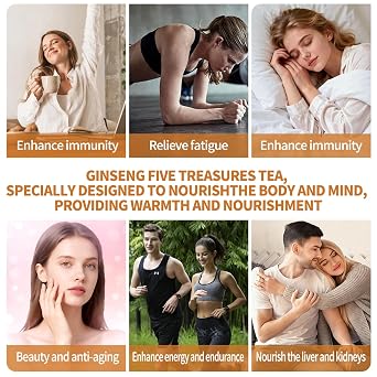 Halcyris Ginseng Five Treasures Tea - Ginseng & Mulberry Traditional Herbal Teas Natural Chinese Red Date Tea Bag for Men Women (5g*30 Teabags)