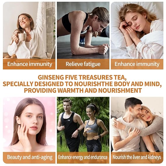 Halcyris Ginseng Five Treasures Tea - Ginseng & Mulberry Traditional Herbal Teas Natural Chinese Red Date Tea Bag for Men Women (5g*30 Teabags)