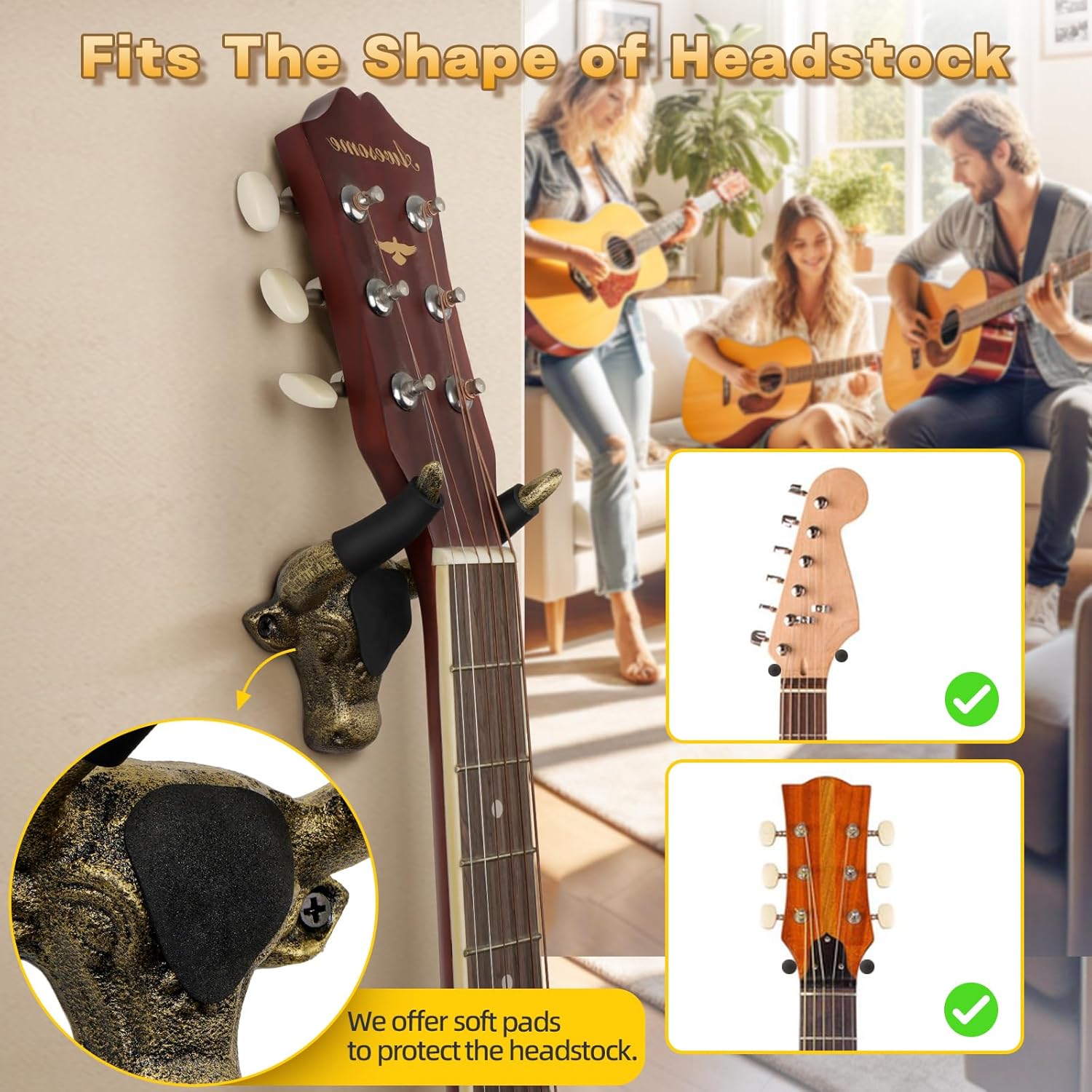 Guitar Wall Mount 2 Pack, Guitar Hanger Wall Mount Cast Iron, Bull Head Guitar Holder, Guitar Accessories for Acoustic, Electric Guitar, Bass, Ukulele, Guitar Stand Wall, Cool Guitar Gifts, Gold