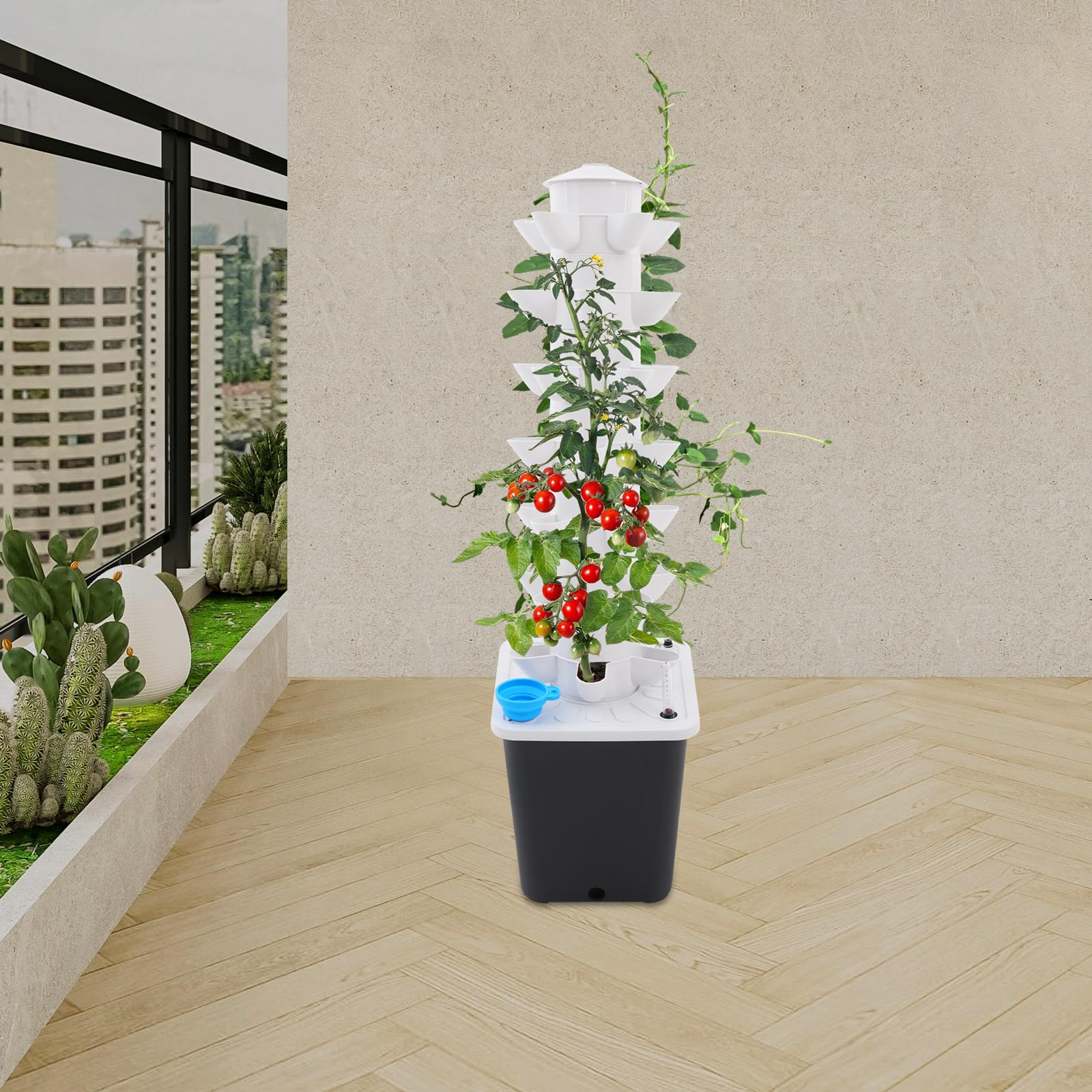 Torre idroponica a 7 piani con irrigazione automatica, 35 fori per piante vegetali/erbe 90-95%, risparmio d'acqua, design verticale salvaspazio per cucina, balcone e ufficio (bianco+grigio)