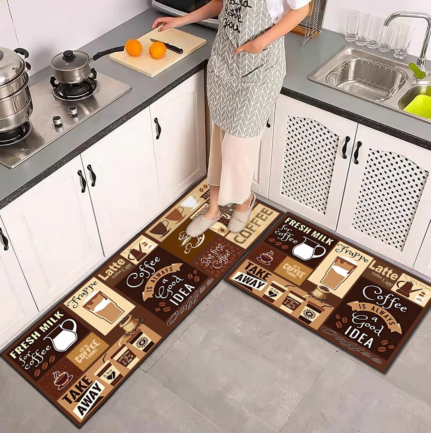 ACZHHZC Coffee Kitchen Rugs Set of 2, Farmhouse Home Kitchen Decor Floor Mats, Washable Non-Slip Sink Carpet 17"x47"+17"x30" Brown