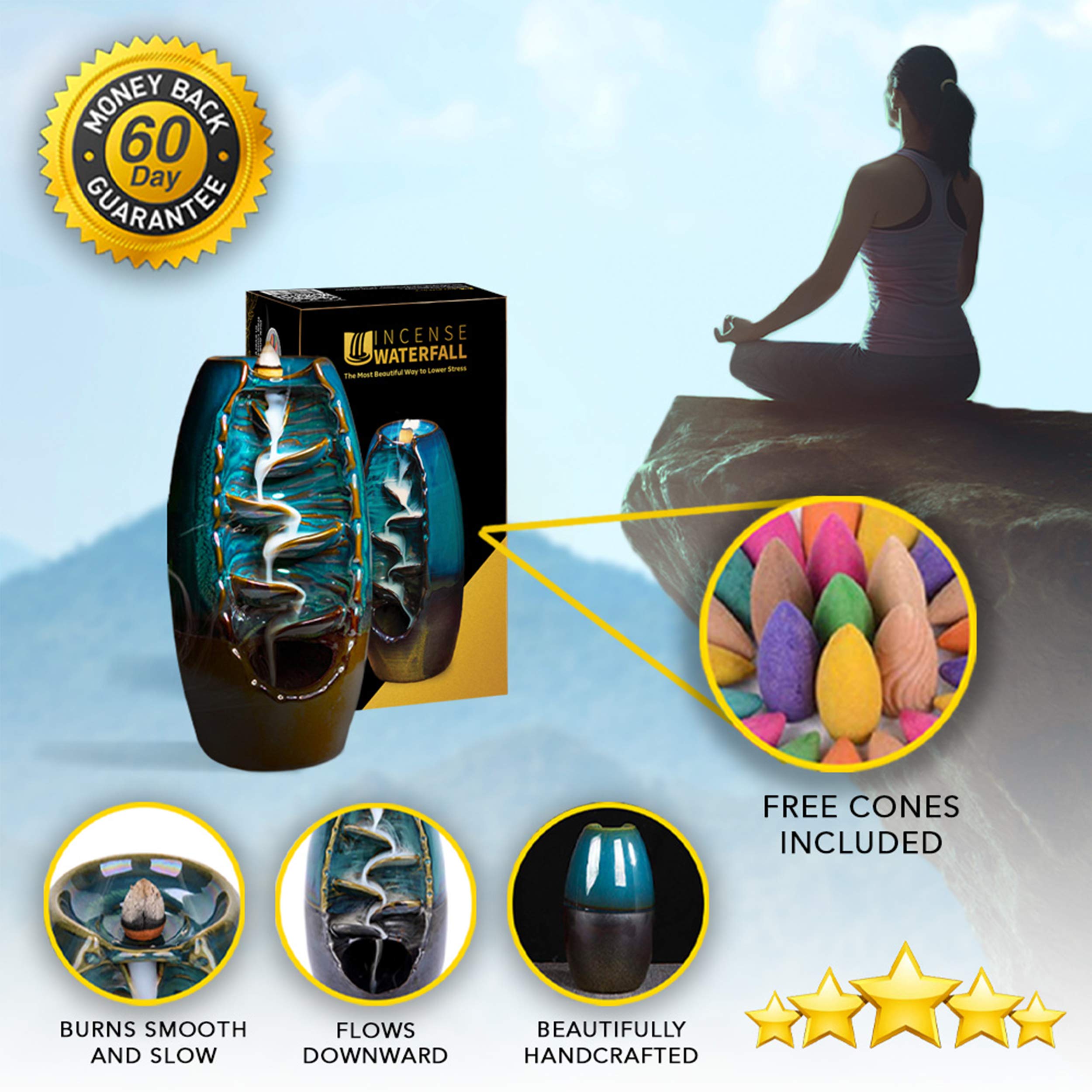 Inscents Waterfall Backflow Incense Holder - A Beautiful Way to Relieve Stress, Agitation & Anxiety, Promotes Calmness 100% Natural, Toxin Free and Pet Friendly