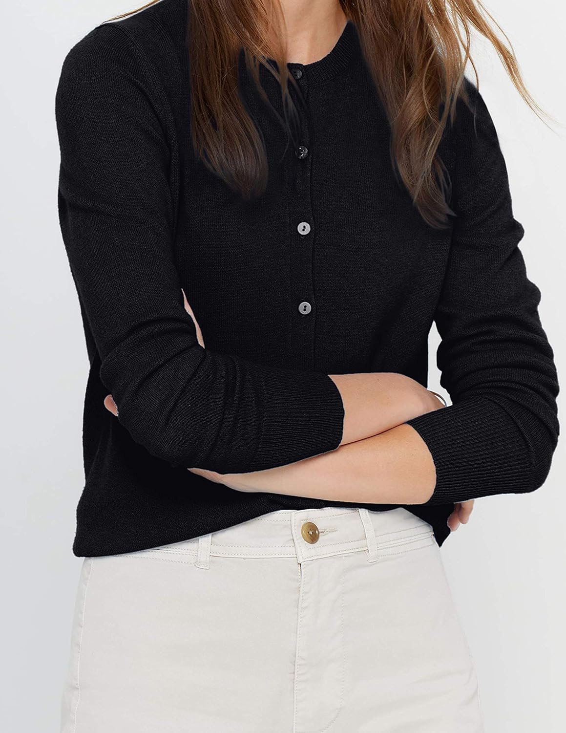 State Cashmere Women's 100% Pure Cashmere Button Front Long Sleeve Crew Neck Cardigan Sweater - Image 3