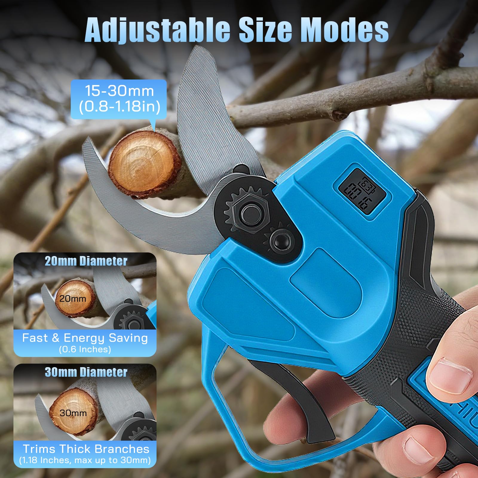 Sécateur Électrique Sans Fil avec 21V 2x2000mAh Batteries et écran LED, Portable Sécateur à Batterie pour Branches d'arbres de Jardin Verger, Lames SK7