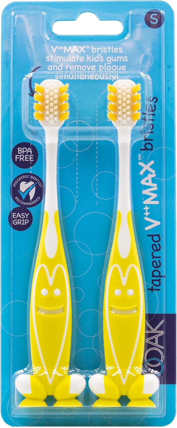 Ooak Kids Toothbrush, Tapered V++Max Bristles, Happy Face 2 Pack - Yellow : Beauty & Personal Care