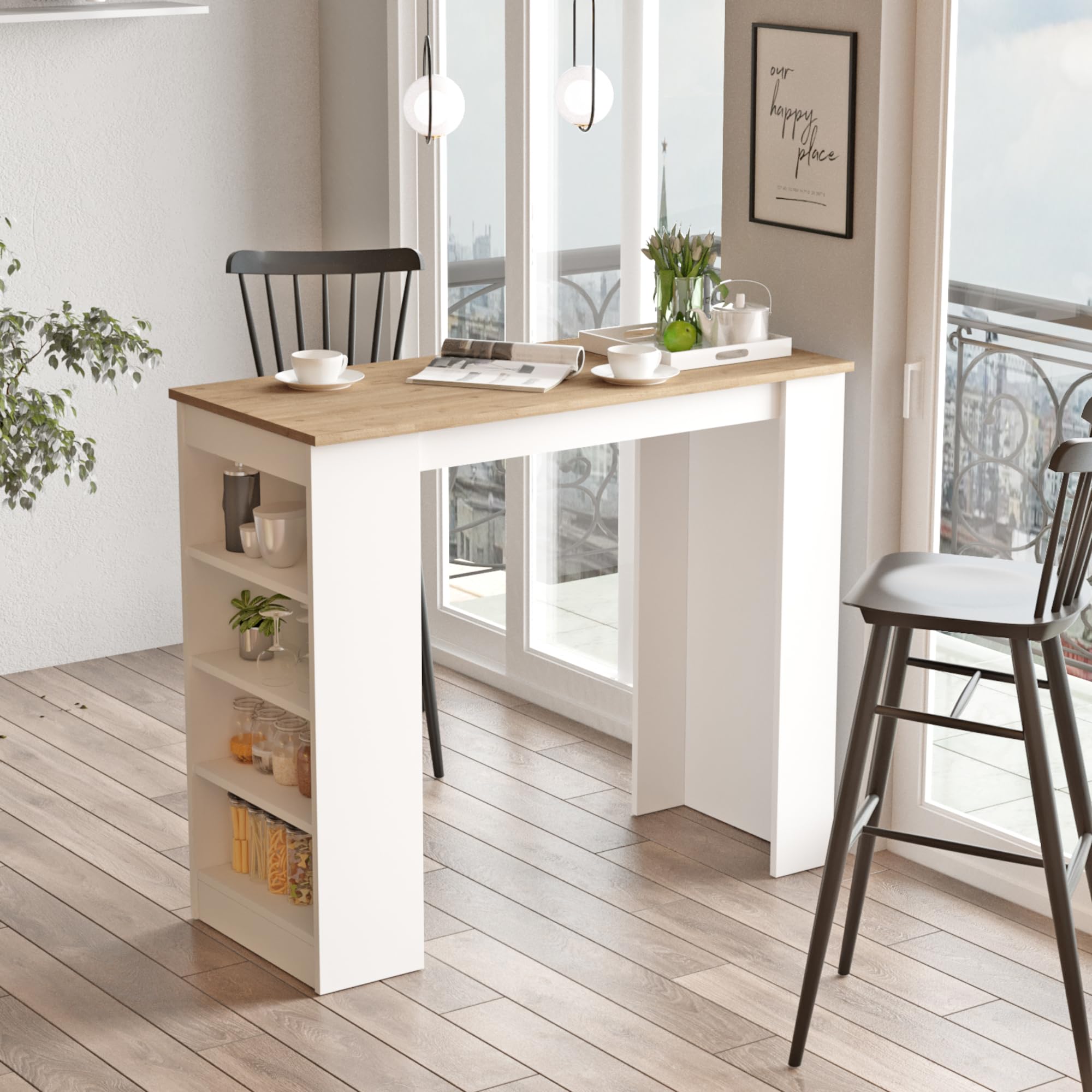 Bancone Da Bar Penisola Cucina 120x45x106cm - Con 2 Ripiani, Bianco/Effetto Cemento - Foto 7