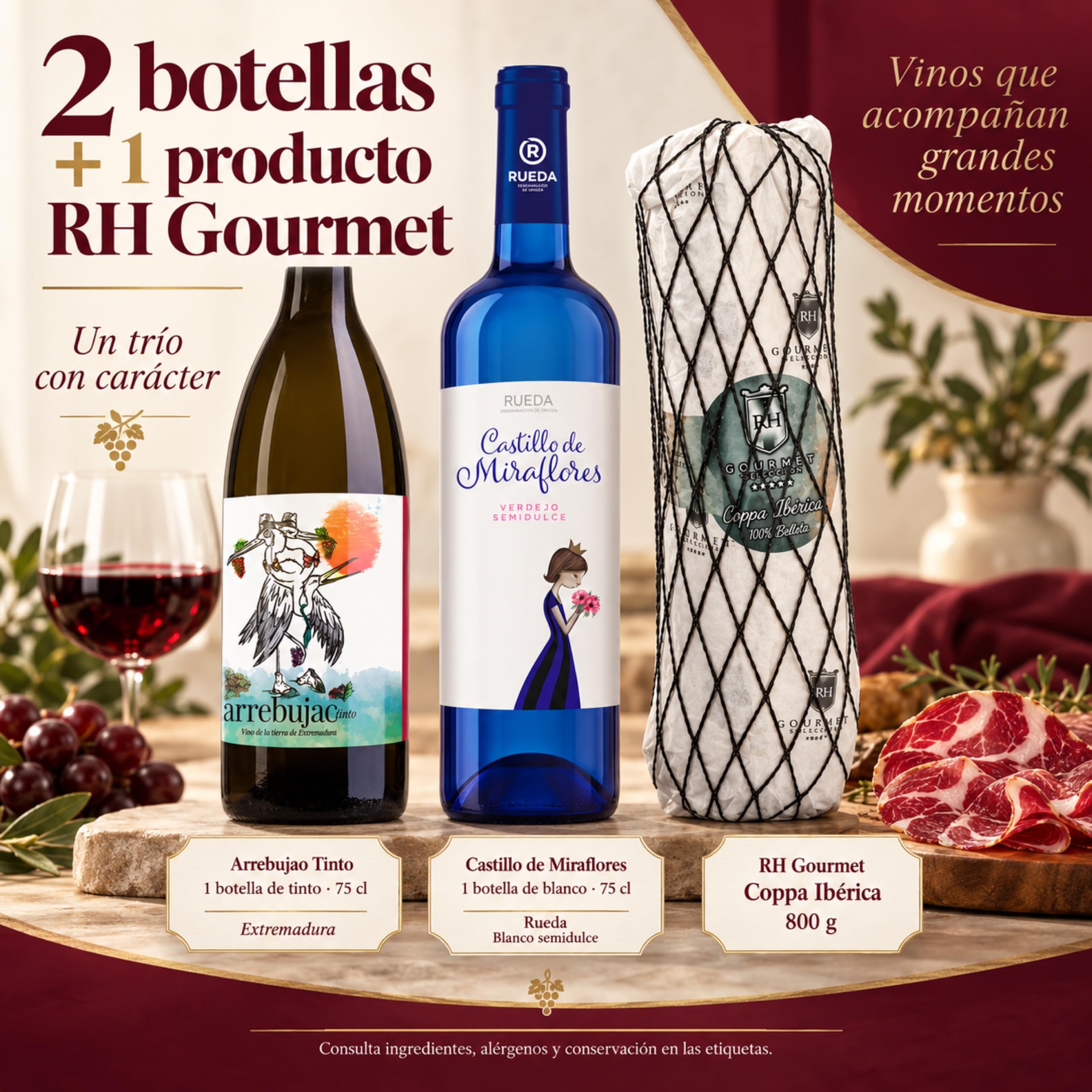 Cesta gourmet Navidad Arrebujao Tinto y Castillo de Miraflores con coppa ibérica de bellota 100% 800 g RH Gourmet, pack de 2 botellas 75 cl