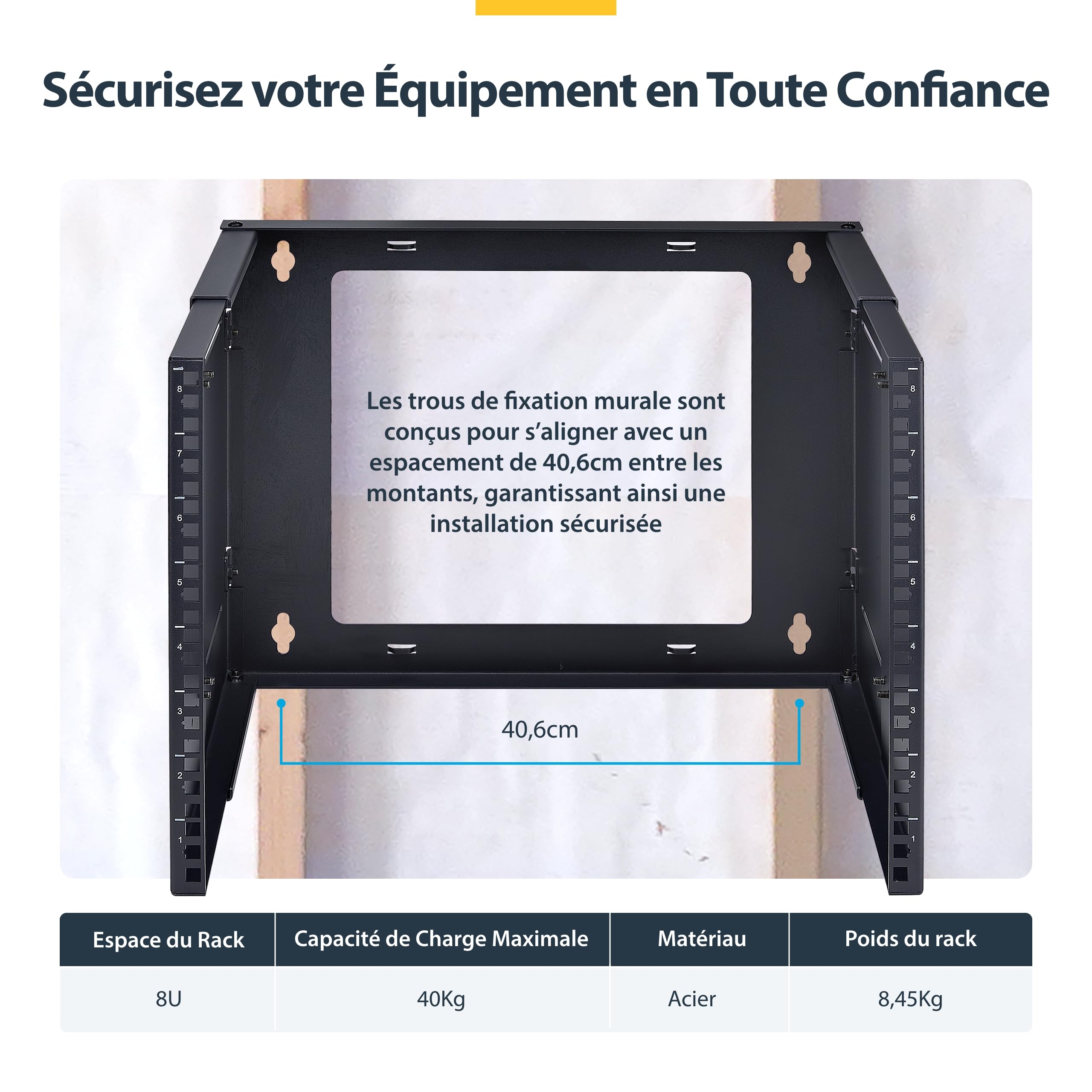 StarTech Rack Mural 8U 2 Montants, Réglable 40cm, Ouvert (WALLMOUNT8-HAF) | Support serveur/équipement réseau 19", Châssis ouvert, Profondeur 24, 5-39, 7cm, EIA-310, Acier calibre 14, 40kg