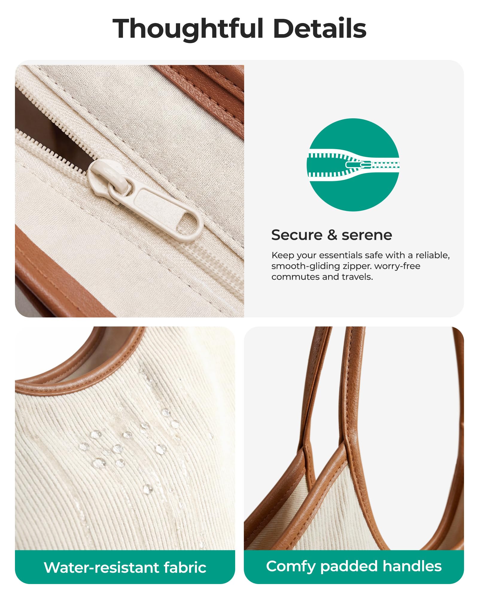 BAGSMRT Corduroy Tote Bag for Women Beach Bag with Zipper Casual Shoulder Bag Lightweight Travel Tote Hobo Handbag | PU Leather Handles, 14L Capacity, Inner Pocket, Beach, Travel, Shopping, Campus — view 8
