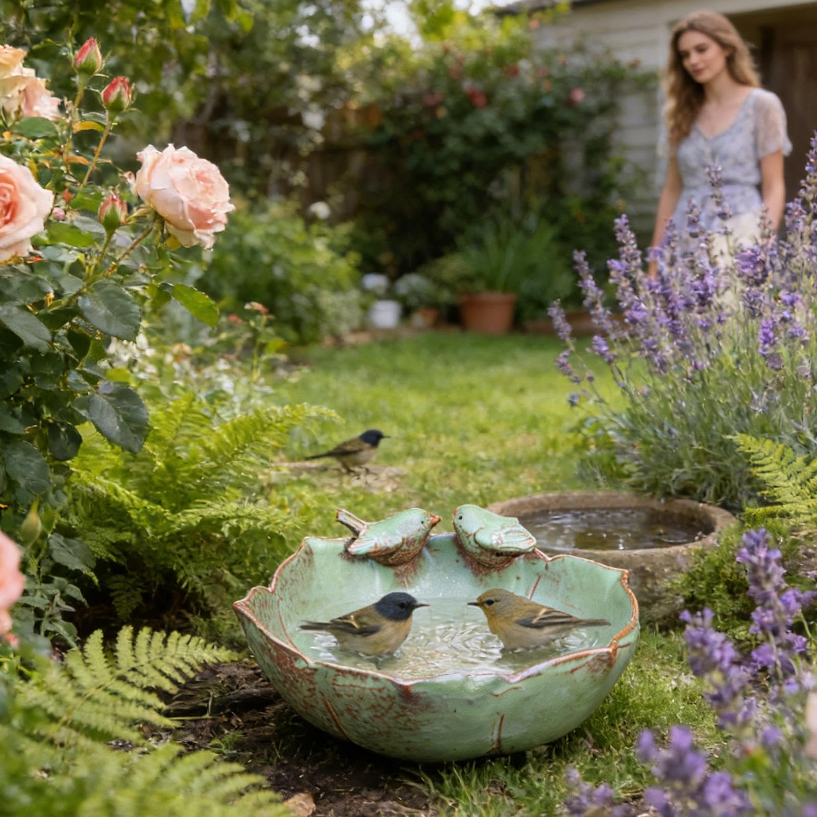 Bebedero para Aves de Cerámica Gran Alimentador Decoración para Jardín | Cuenco de Cerámica para Agua y Macetero Hidropónico para Jardín Interior Exterior, Patio, Balcón, Ventana, Terraza