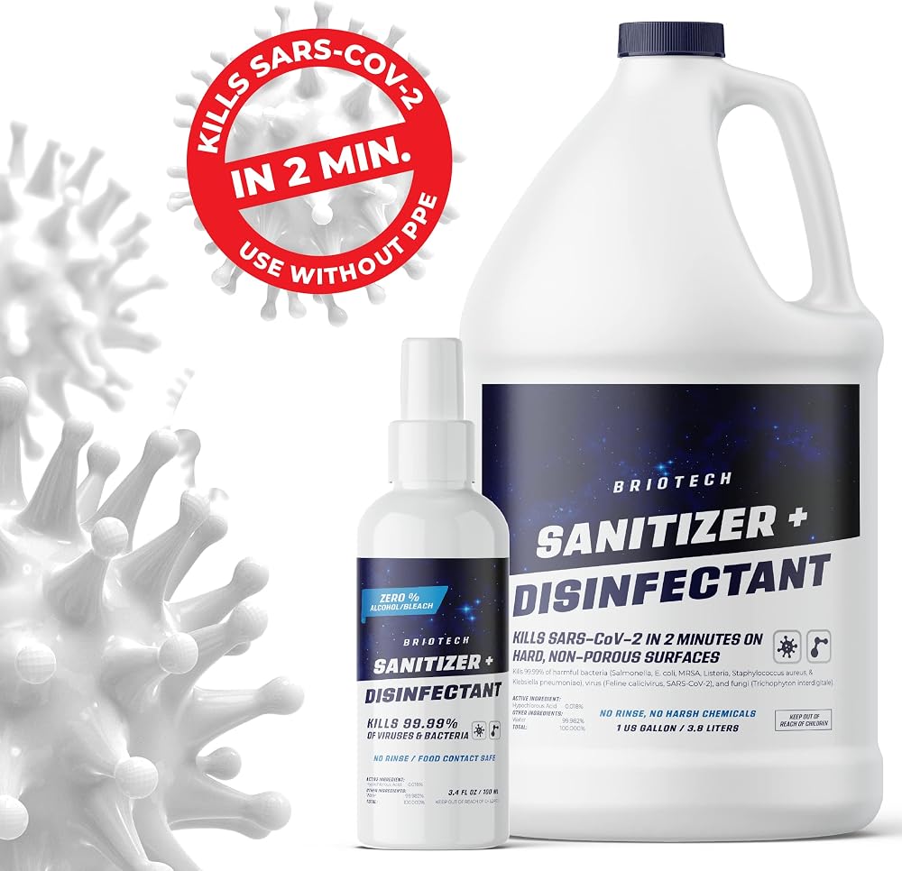 BRIOTECH Sanitizer Disinfectant Hypochlorous, Kill 99.99% of Viruses & Bacteria, Control Mold, Eliminate Odor, Gentle for Nursery & Play Rooms, Food Contact Surface Sanitizer, 1 Gallon Refill