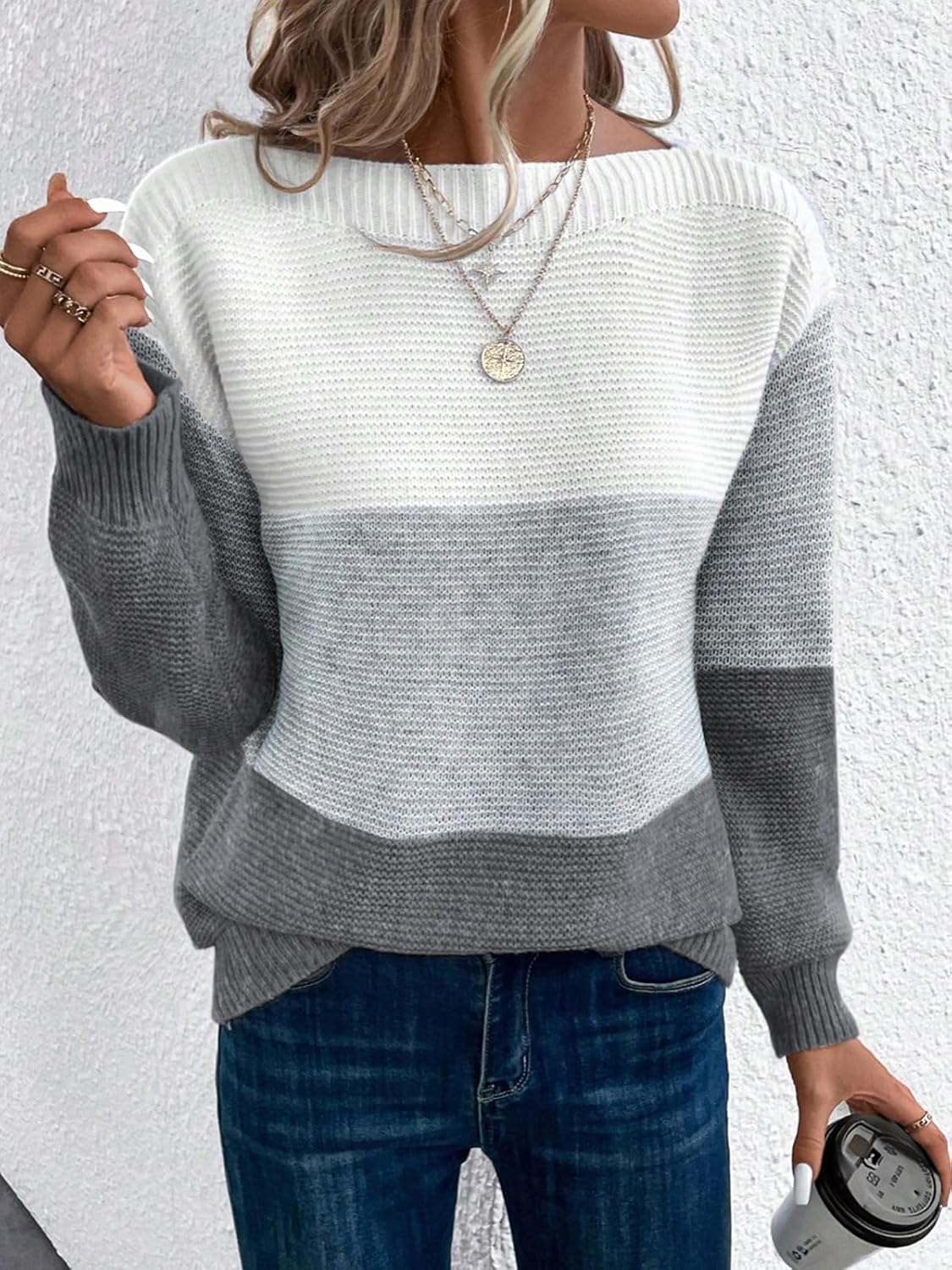 Womens Long Sleeve Crew Neck Color Block Fall Fashion Knitted Pullover Sweaters Jumper Tops