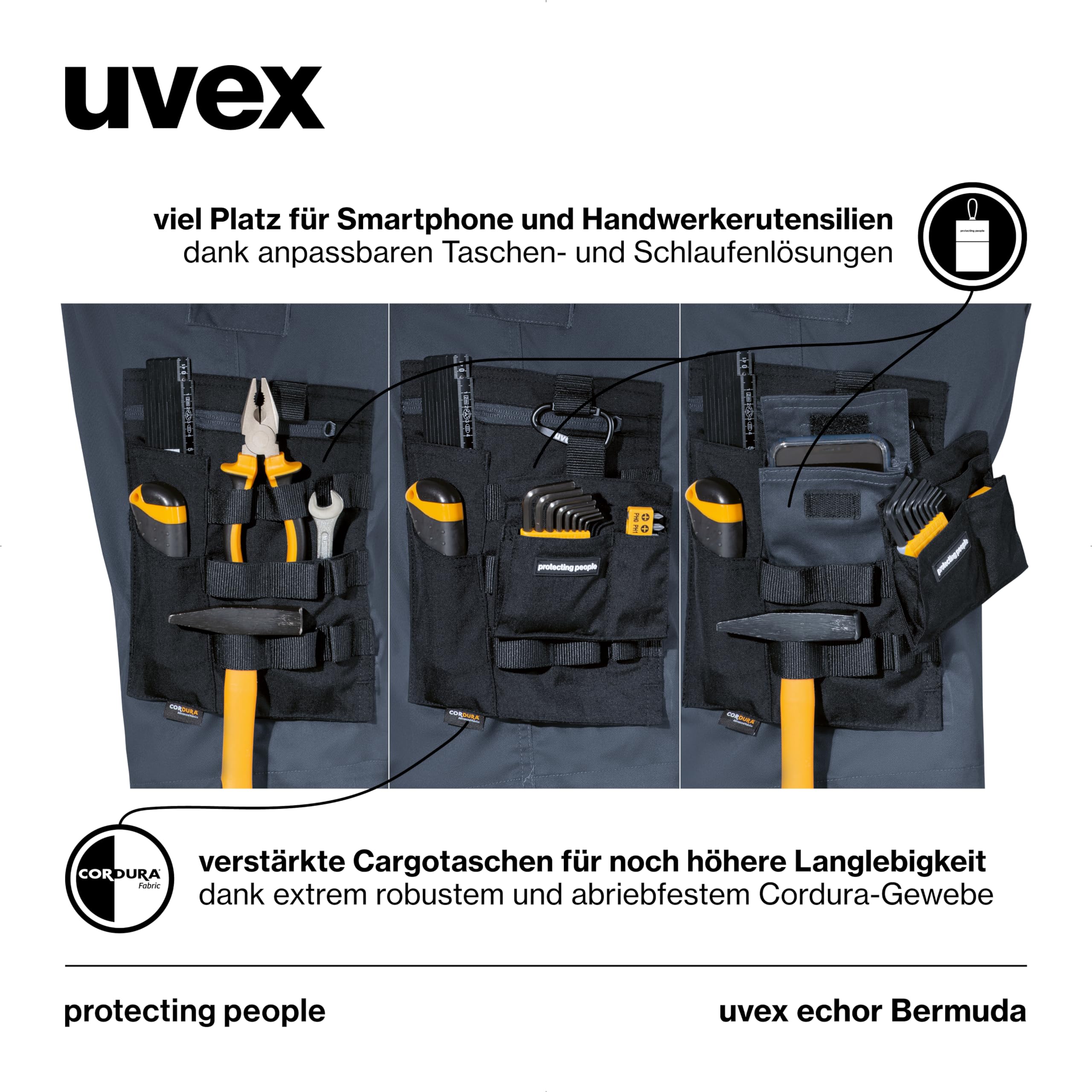 uvex echor Short de travail court de qualité supérieure pour homme - Taille extensible, léger, élastique et beaucoup d'espace de rangement