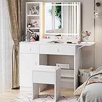 Haewon White Makeup Vanity Desk with LED Mirror Lights, Charging Station, 3 Modes, Storage Drawers, Cabinet & Stool for Bedroom