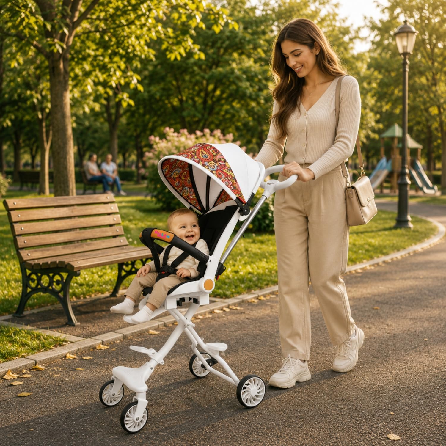 Maa Love Morden Baby Stroller/Pram With Leg For Kids 0 to 3 year, 5 Point Safety Harness, Seat with 360 Rotation ,Adjustable backrest Girl & Boy With Multi -Level Adjustment Canopy ,360 Swivel Wheel, Reversible Handlebar White with Black seat-image-3