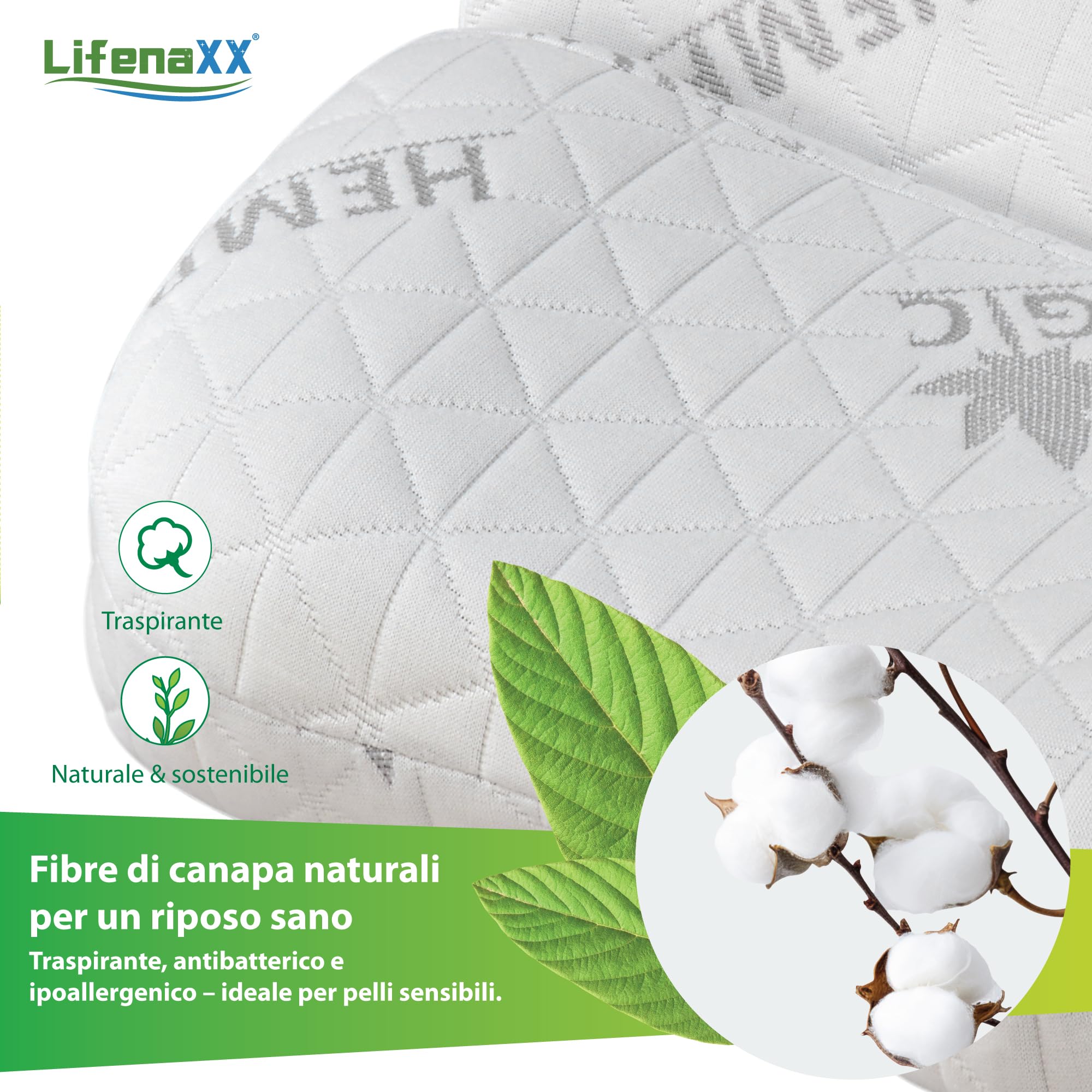 Lifenaxx Cuscino cervicale in canapa LX-053 – Cuscino ergonomico in memory foam con fodera rimovibile e lavabile – Supporto naturale per il collo, traspirante e confortevole