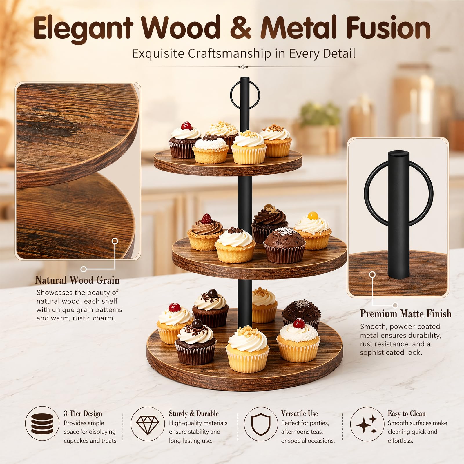 Alzata a 3 ripiani in legno, grande supporto per cupcake, girevole, rotonda, per muffin, torte, dessert, matrimoni, feste di compleanno (diametro 30/25/20 cm)