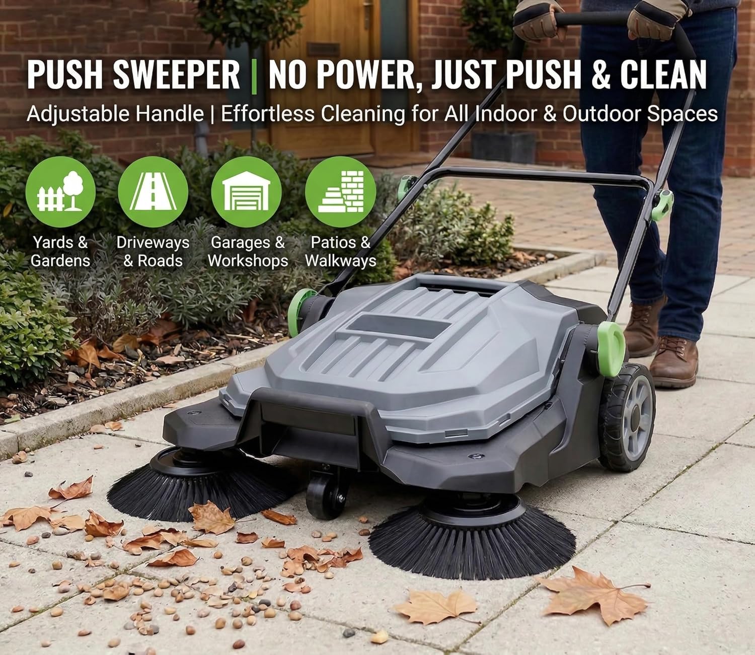 Walk-Behind Hand Push Floor Sweeper, 25.6" Sweeping Width Floor Sweeper Manual Non-Electric, 5-Gallon Waste Container, Angle & Height Adjustable Folding Handle for Walkway, Yard, Garage, Patio (25.6")
