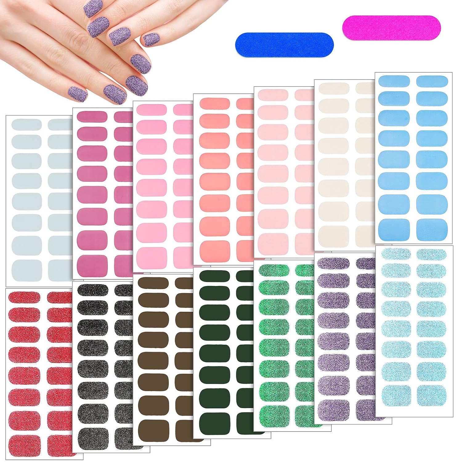14 Sheets 224 Pieces Glitter Solid Color Nail Polish Strips Stickers Self-Adhesive Full Nail Wraps Decals Strips Manicure Nail Art with 2 Pieces Nail Files for Women Girls DIY Nail Art (Glitter)