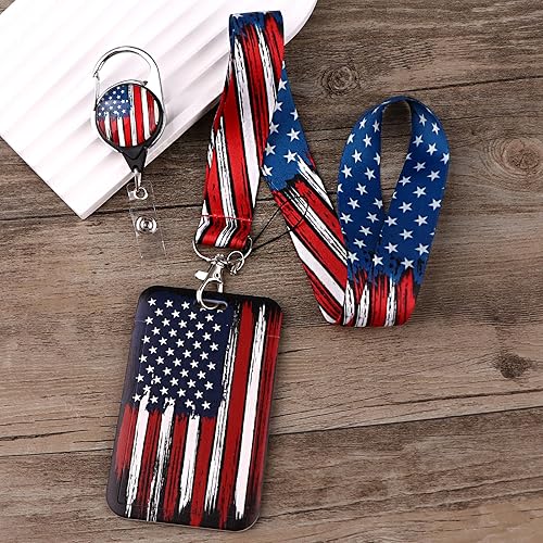 Miniatura 2 de Llavero para hombre con clip retráctil para identificación con clip de carrete retráctil, llavero con bandera estadounidense