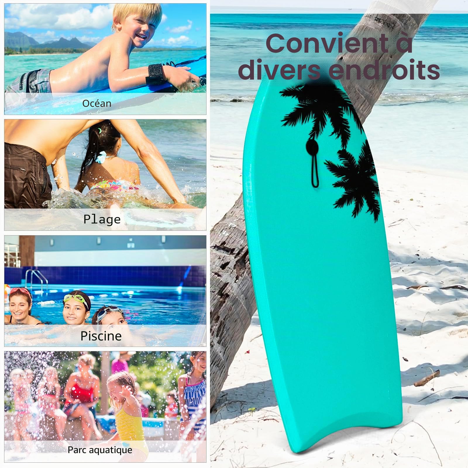 HOMASIS Bodyboard Planche de natation avec corde de traction 90 cm Planche de surf pour enfants et adultes avec noyau en mousse EPS et motif cocotier Vert