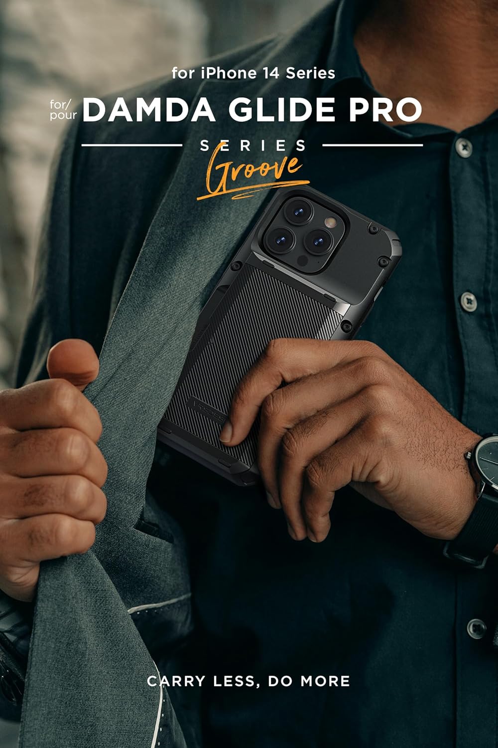 VRS DESIGN Damda Glide Pro Phone Case for iPhone 14 Pro, Sturdy Semi Auto Wallet [4 Cards] Case Compatible for iPhone 14 Pro Case (2022) (Groove Black)