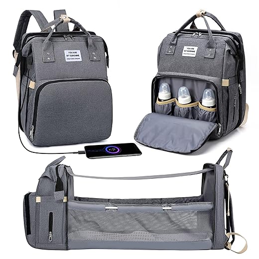 Diaper Bag Backpack with Changing Station - 10-in-1 Extra Large Travel Baby Bag for Boys & Girls with Waterproof Changing Mat, Pillow, Sunshade, Mosquito Net, USB Port, Stroller Straps (Grey)