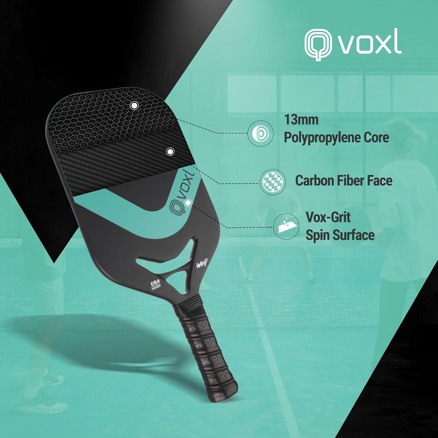 Edgeless Power Paddle - Voxl Whip | Aerodynamic Channel, Edgeless Design, Carbon Fiber, 13mm Core, Vox-Grit Spin Surface, Premium Power Pickleball Paddle, USAPA Approved