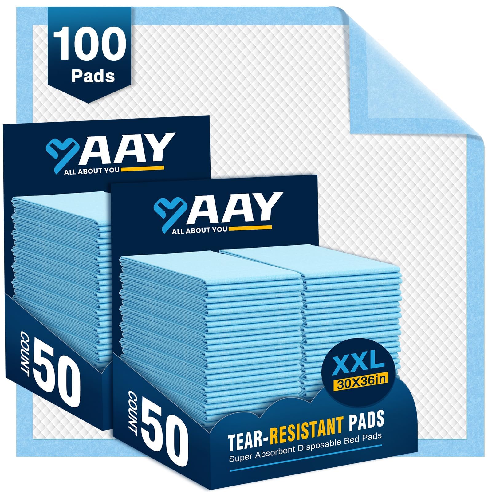 AAY Disposable Bed Pads 30"X36" (100pcs) Tear-Resistant Cloth Backing Underpads Super Absorbent Pee Pads Extra Large Premium Chucks for Adults Incontinence Pads Waterproof for Elderly, Kids or Puppy