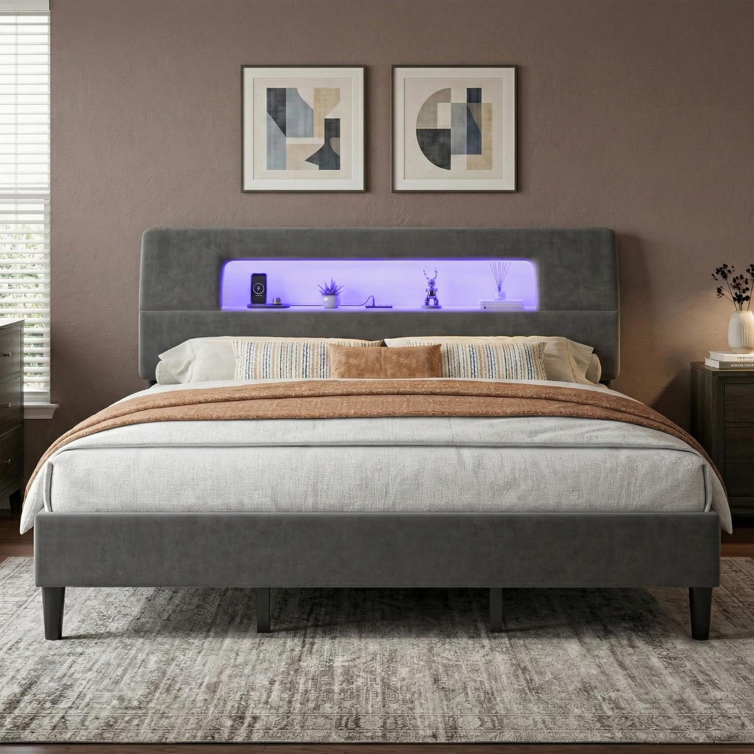 Homkdom King Bed Frame with Ergonomic Storage Headboard, Upholstered Bed Frame with LED Lights & Charging Station,Unique Open-Design,NO Noise, Easy Assembly, No Box Spring Needed,Grey