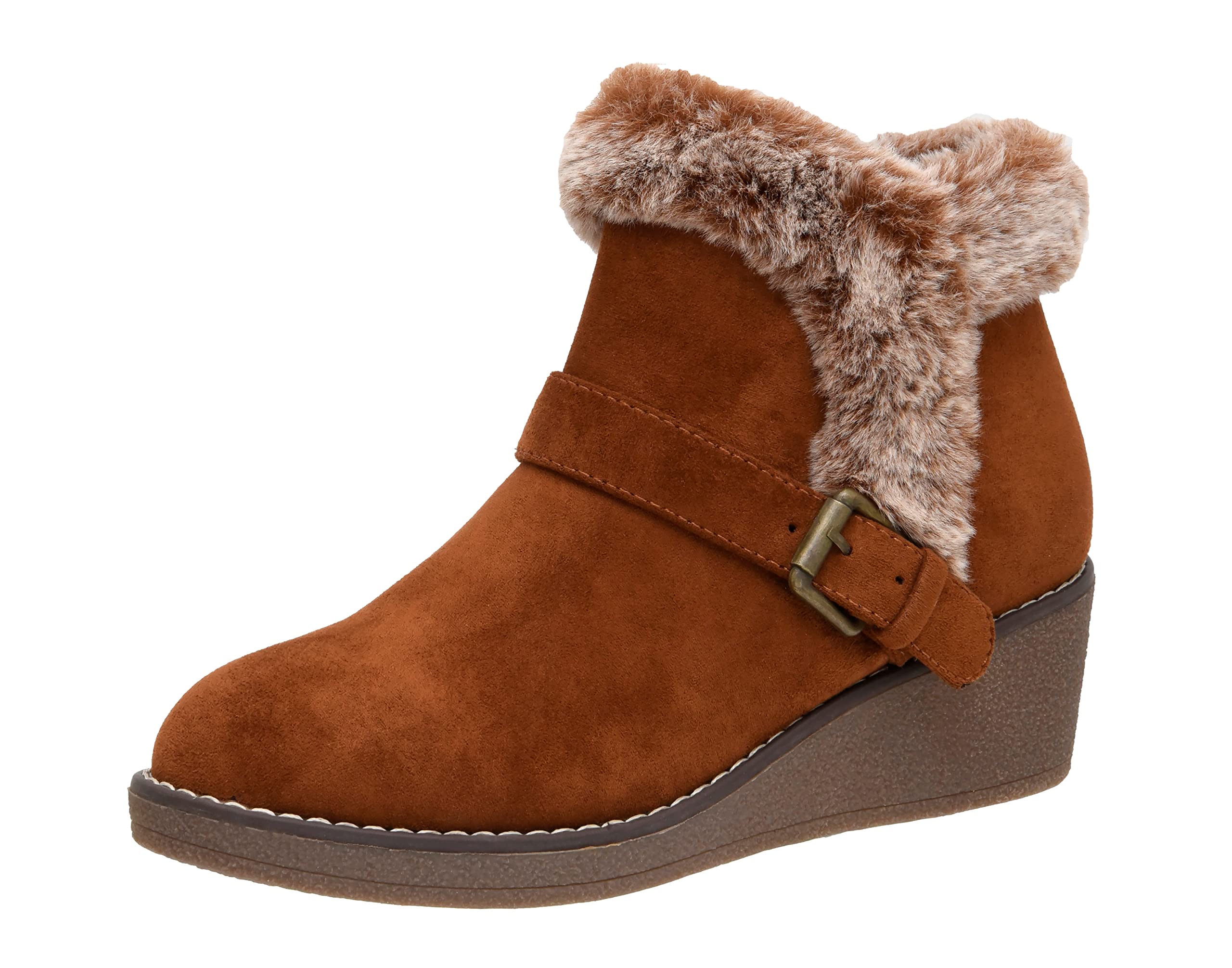 CUSHIONAIRE Women's Rhodes Faux Suede Winter Booties – Fur Boots for Women with Memory Foam, Comfy Boots with Faux Fur, Side Zipper, 2-Inch Wedge Heel