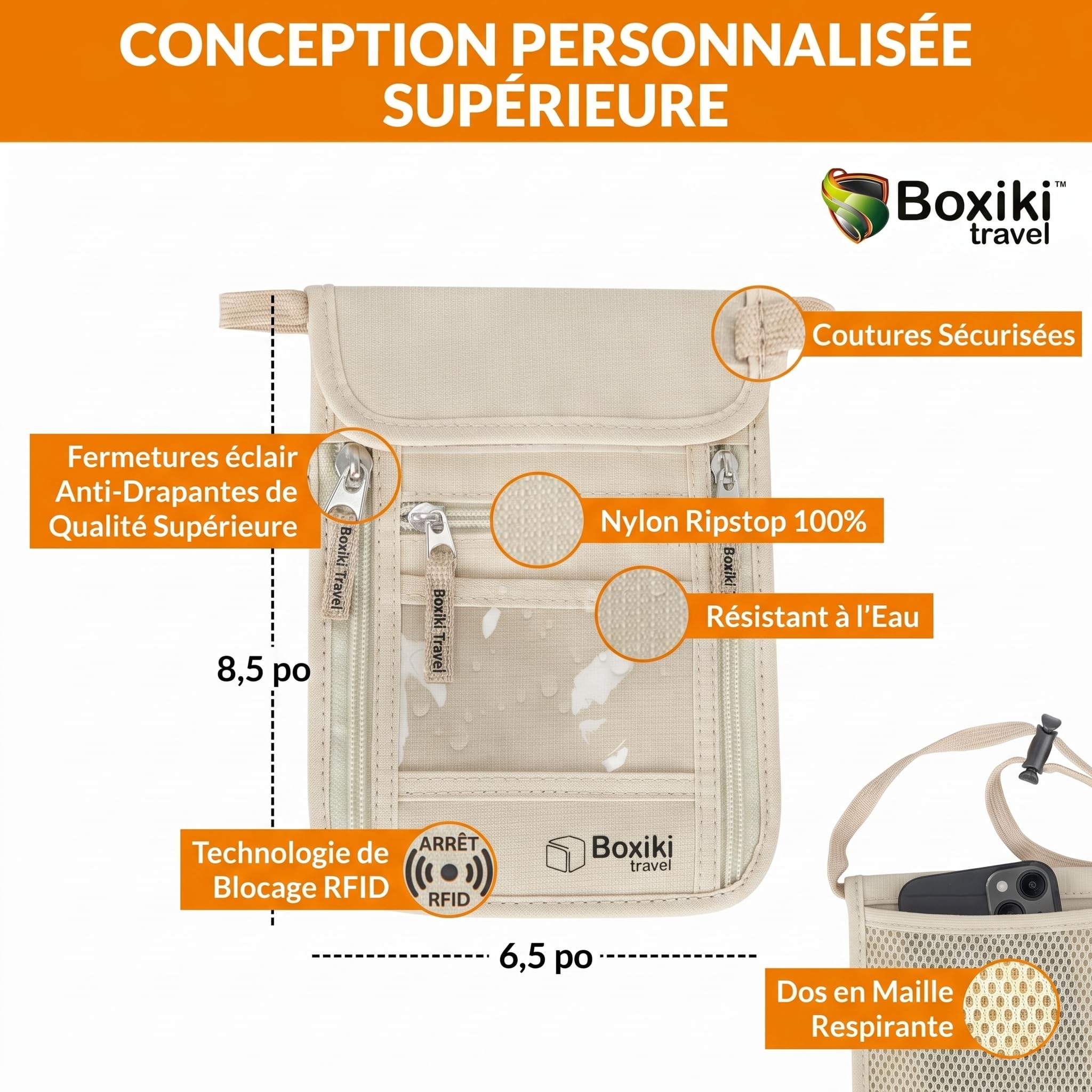 Boxiki Travel Pochette Tour de Cou RFID Beige - Porte-Passeport Voyage Antivol avec 5 Compartiments, Sacoche Cachée sous Vêtements en Nylon Ripstop Imperméable pour Femme Homme