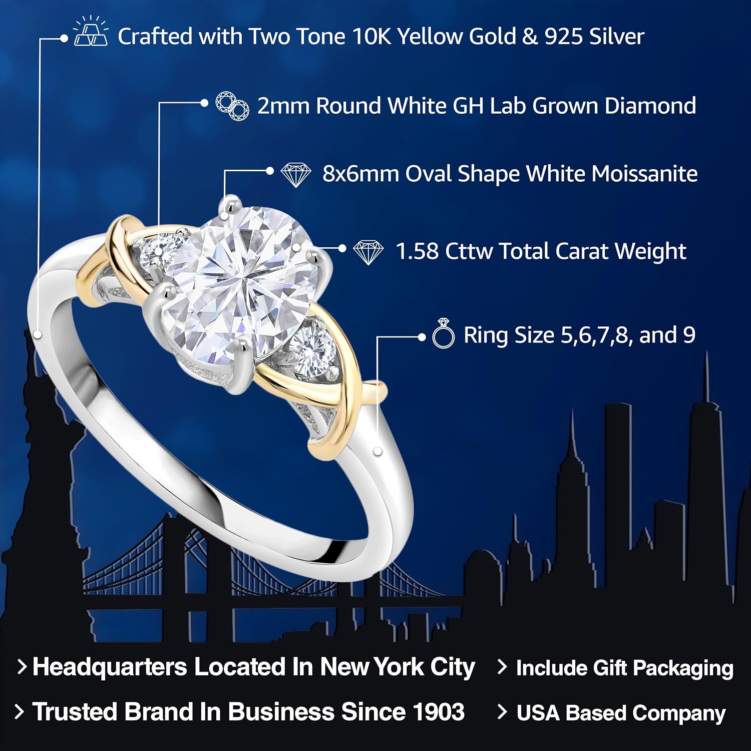 Gem Stone King 3-Stone Engagement Ring for Women | 10K Yellow Gold and 925 Silver | Gemstone Birthstone and Lab Grown Diamond Crossover Wedding Anniversary Ring