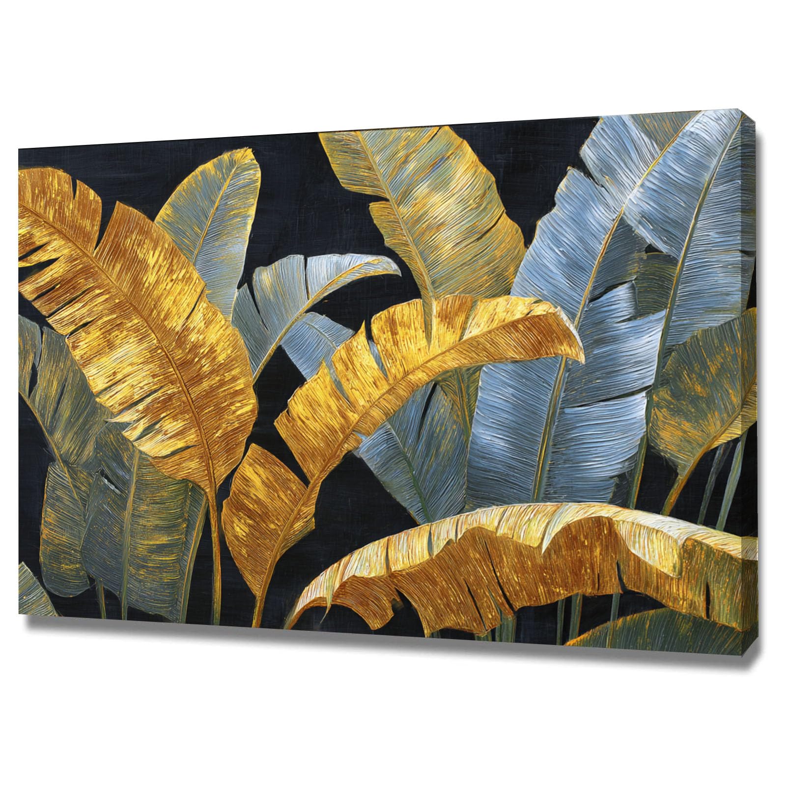 ZAMAEIU Botaniczne obrazy na płótnie, minimalistyczne kwiaty, obrazy ścienne, złoto-niebieskie, liście bananowca do salonu, sypialni, 80 x 120 cm, oprawione