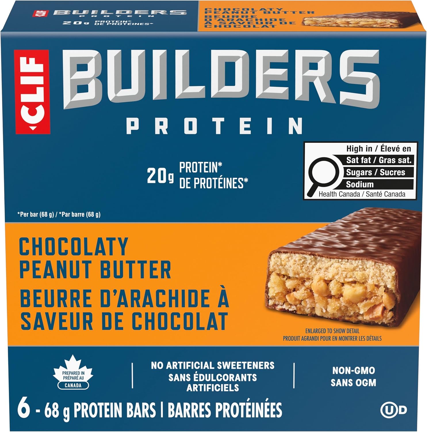 CLIF BUILDERS Protein Bars, Chocolate Peanut Butter Flavour, 20g of Protein, Prepared in Canada, Gluten Free, No Artificial Sweeteners, 68 g (Pack of 6)