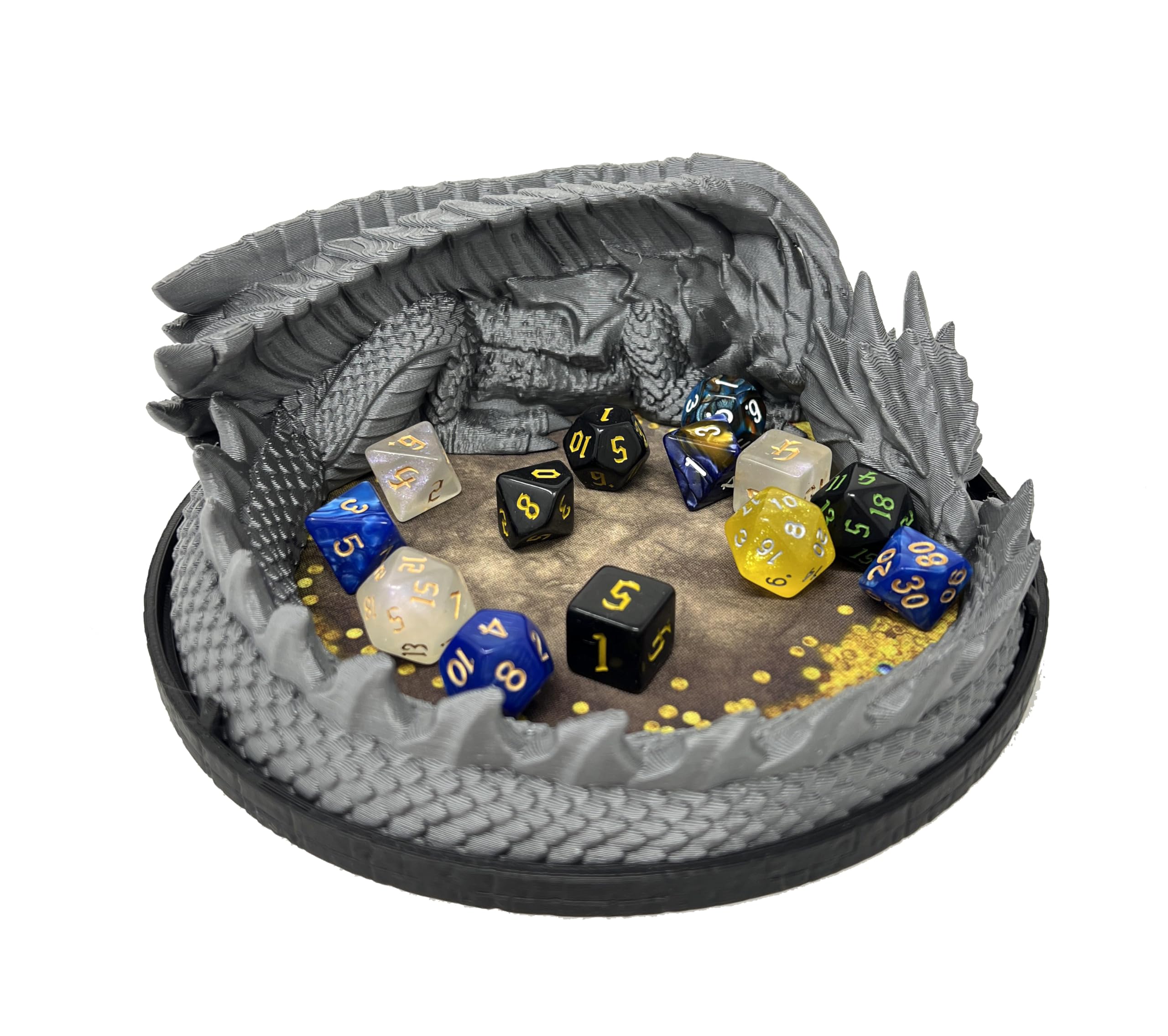 MunnyGrubbers - Dragon's Hoard Dice Tray - V2 - (Random 7pc D20 Dice Included) - Dice Jail - Dice Holder - Neoprene Rolling Mat - DND Gift - D&D Gift - Dungeons and Dragons Gift - D&D - (Silver)
