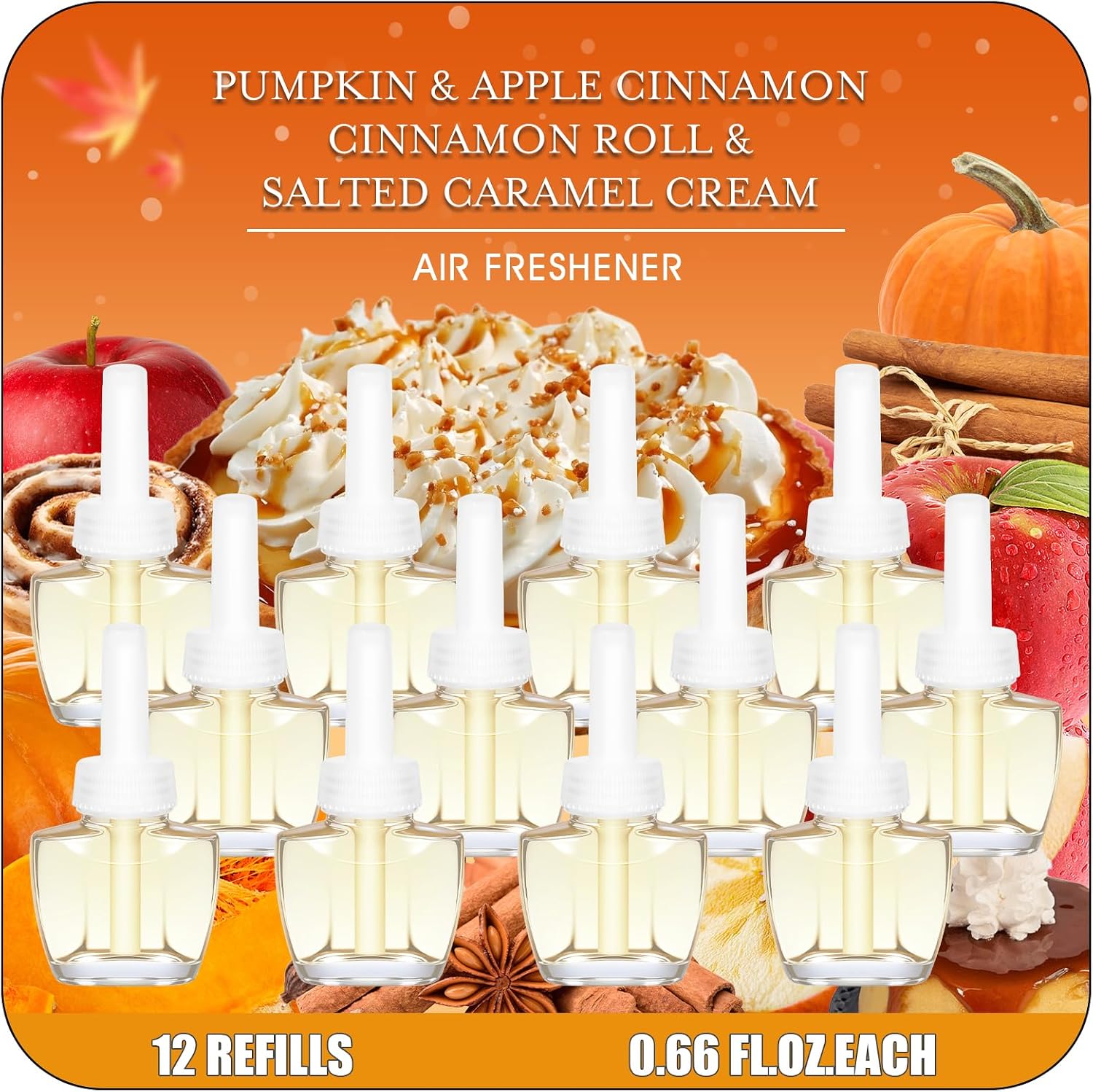 Plug In Air Fresheners for Home, 12 Pack, Pumpkin, Apple Cinnamon, Cinnamon Roll & Salted Caramel Cream – Wall Plug In Refills for Summer, Compatible with Air Wick & Glade