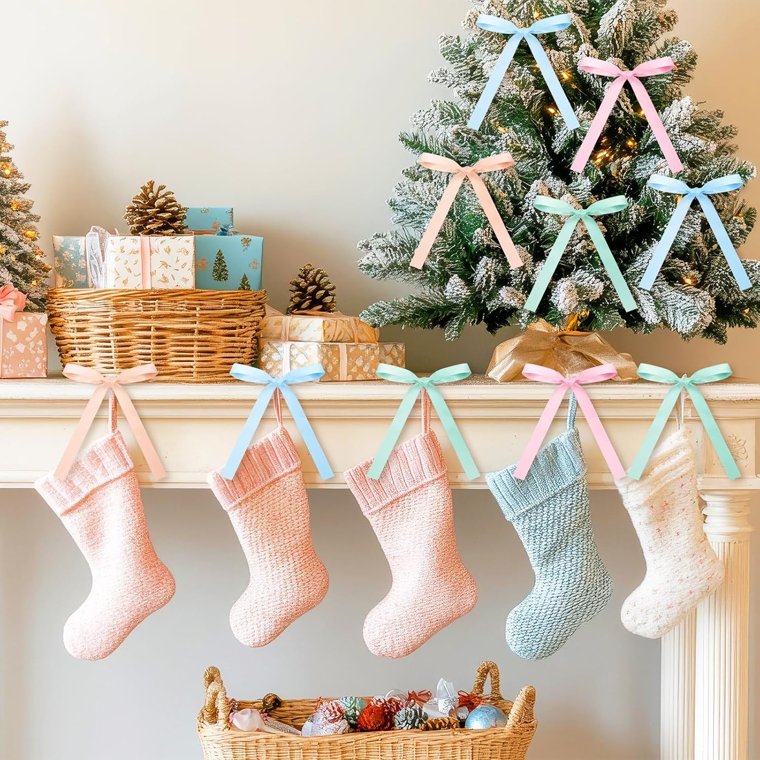 Zeyune 36 Pcs Pastel Bows for Christmas Tree Christmas Pre-Tied Stain Ribbon Bows for Tree Ornaments Macarons Xmas Decor for Wreaths Garland Gift Wrapping - Image 7